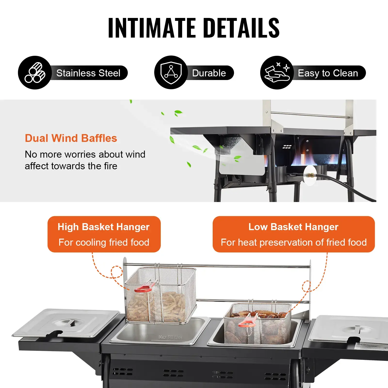 Outdoor Propane Deep Fryer Double Burners Commercial Fryer16 Qt Stainless Steel Cooker with Removable Baskets & Lids & TanksOil Fryer Cart with Thermometer & RegulatorFor Outdoor Cooking