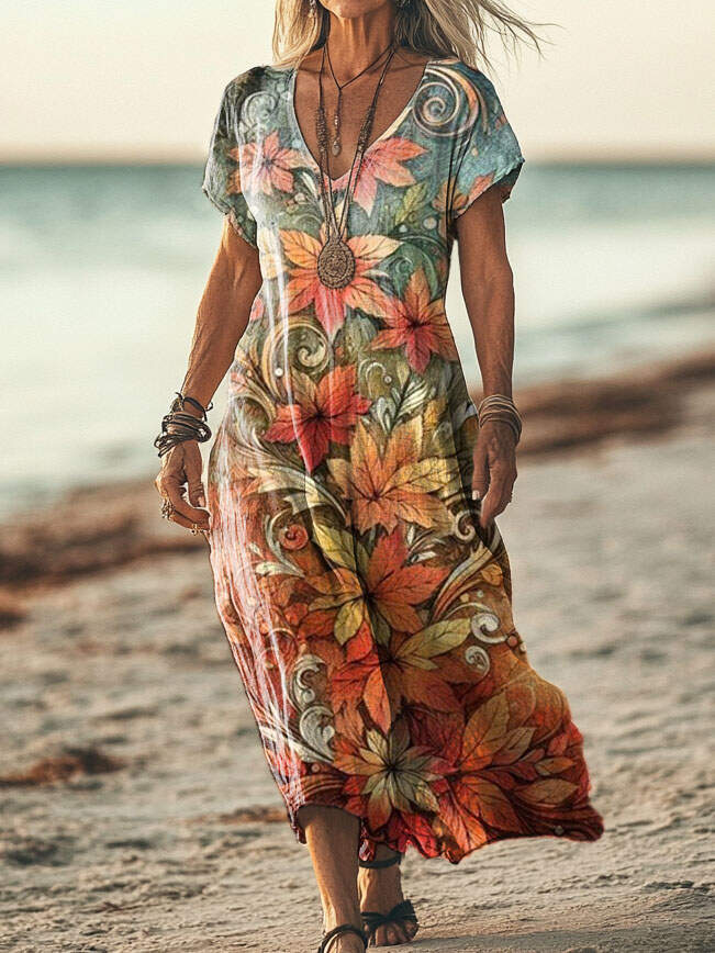 Women's Floral Pattern Art Print Short Sleeve Pocket Cotton Linen Dresses