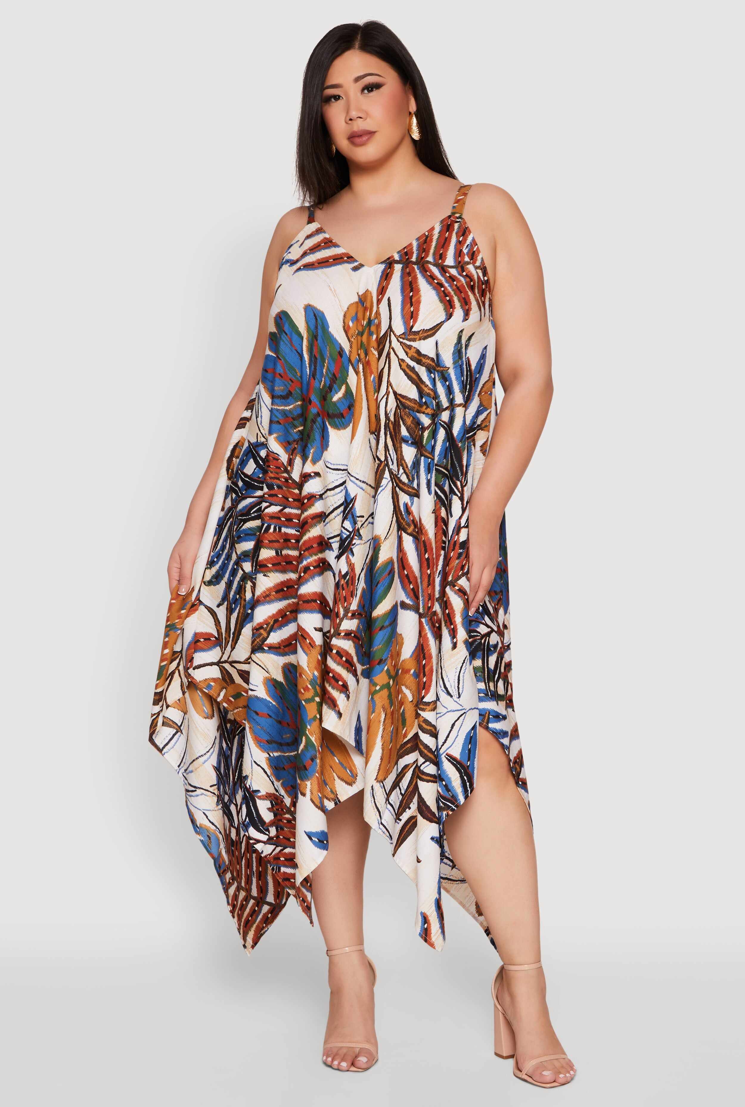 Plus Size Leaf Print Sharkbite Hem Dress