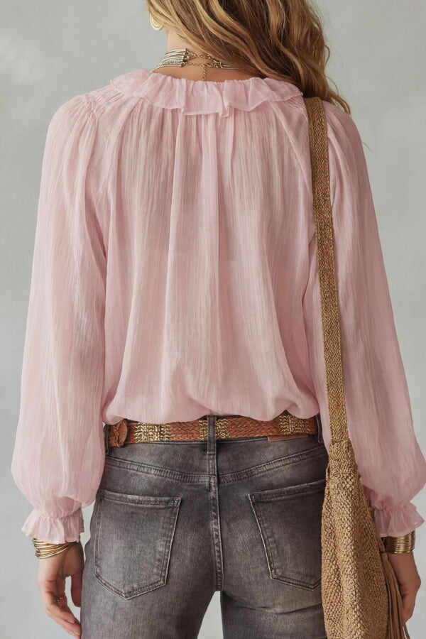 Stylish Long-sleeved V-neck Tie Loose Shirt Top