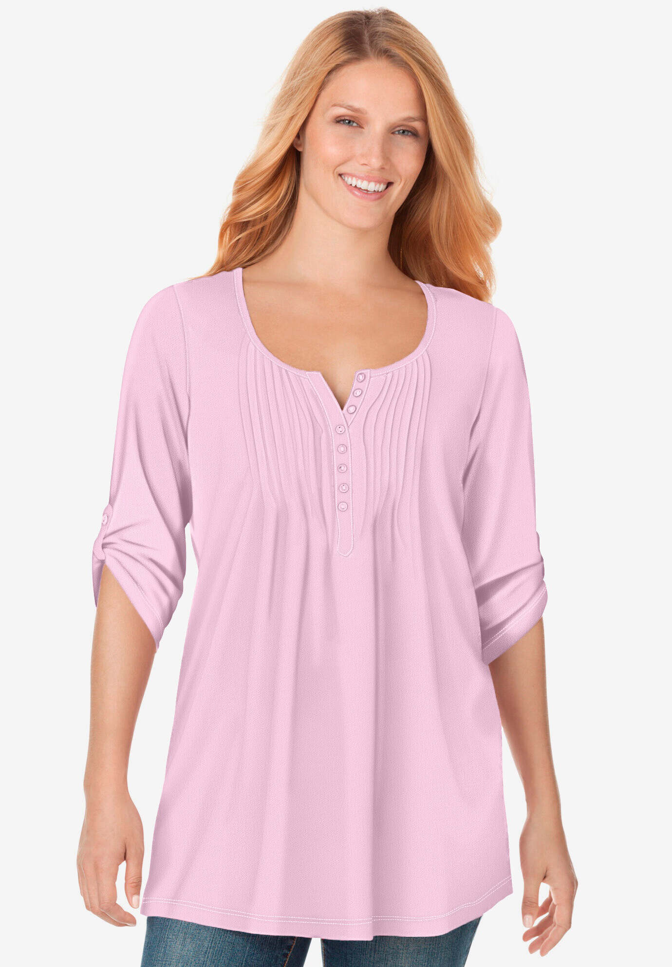 7-Day Three-Quarter Sleeve Pintucked Henley Tunic