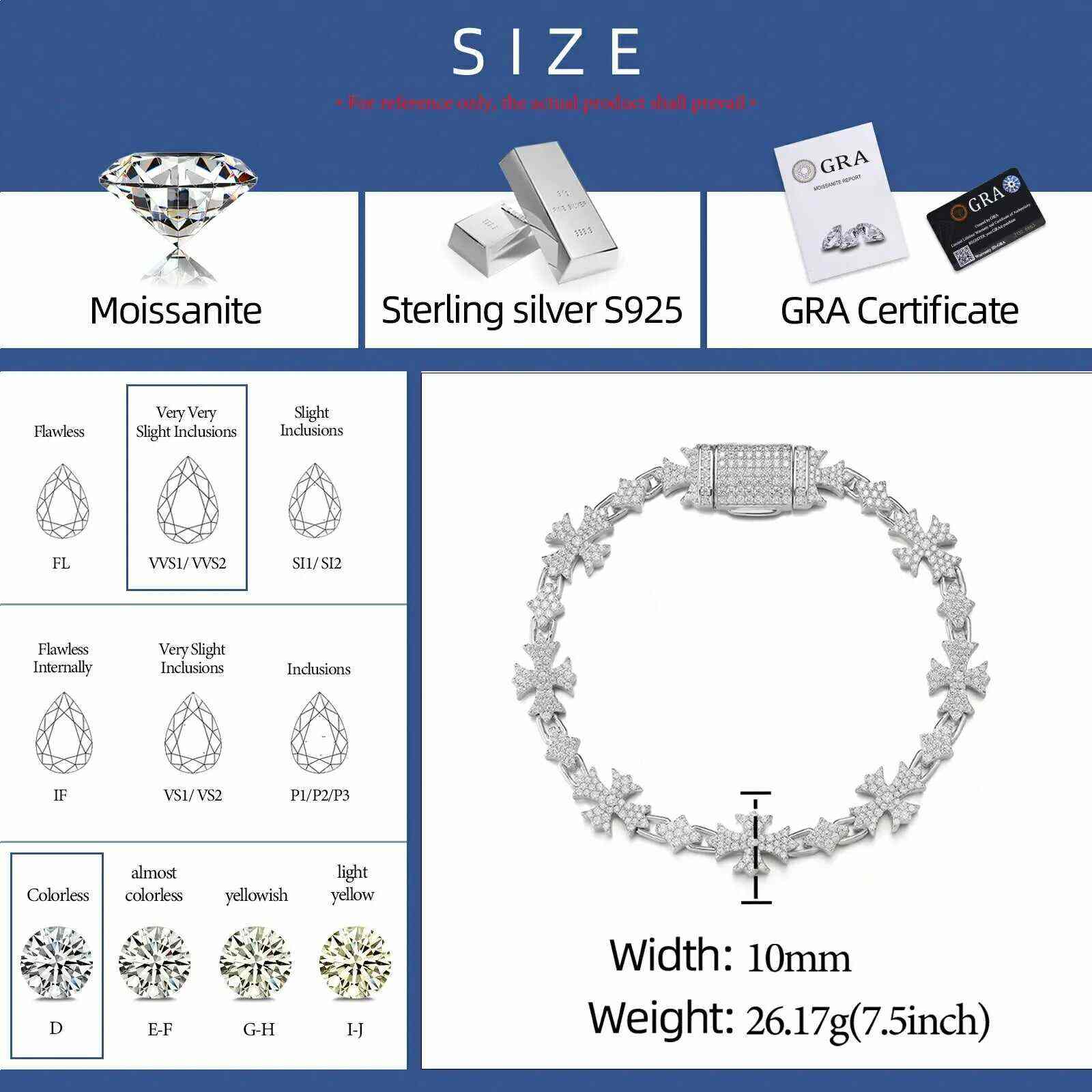TestTest 10mm S925 Moissanite Chrome Heart Cross Star Link Bracelet