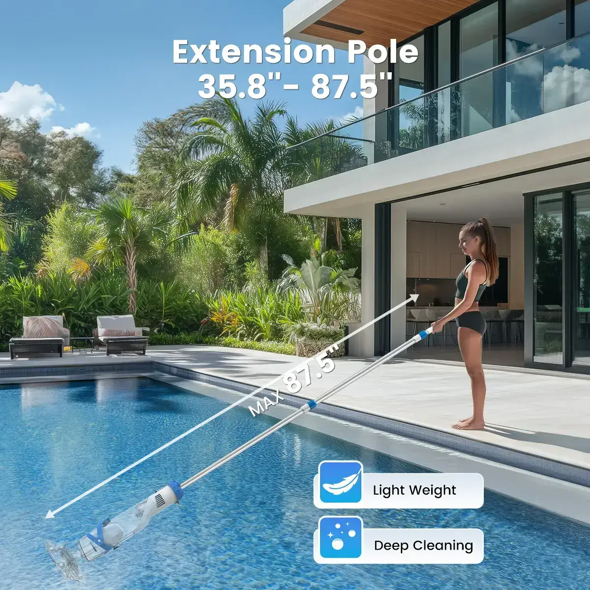 New Upgrade PC18 Pool Vacuum for Above Ground Pool with Telescopic Pole, Running time up to 1H, Handheld Design with Powerful Suction up to 18.5 gallon/min Ideal for Leaves, Debris