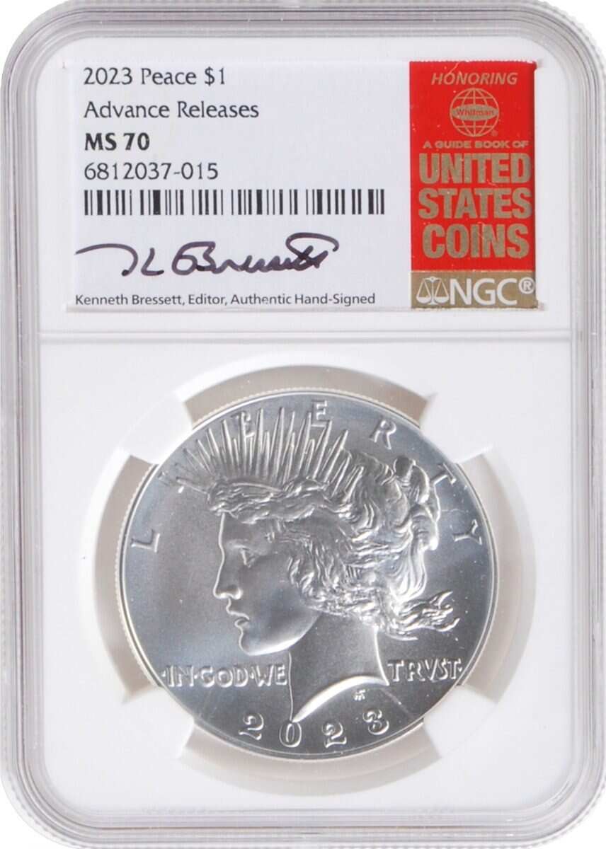 2023 6 PC Morgan and Peace Silver Dollars NGC MS70/PF70/ Reverse PF70 Advance Releases signed by Kenneth Bressett