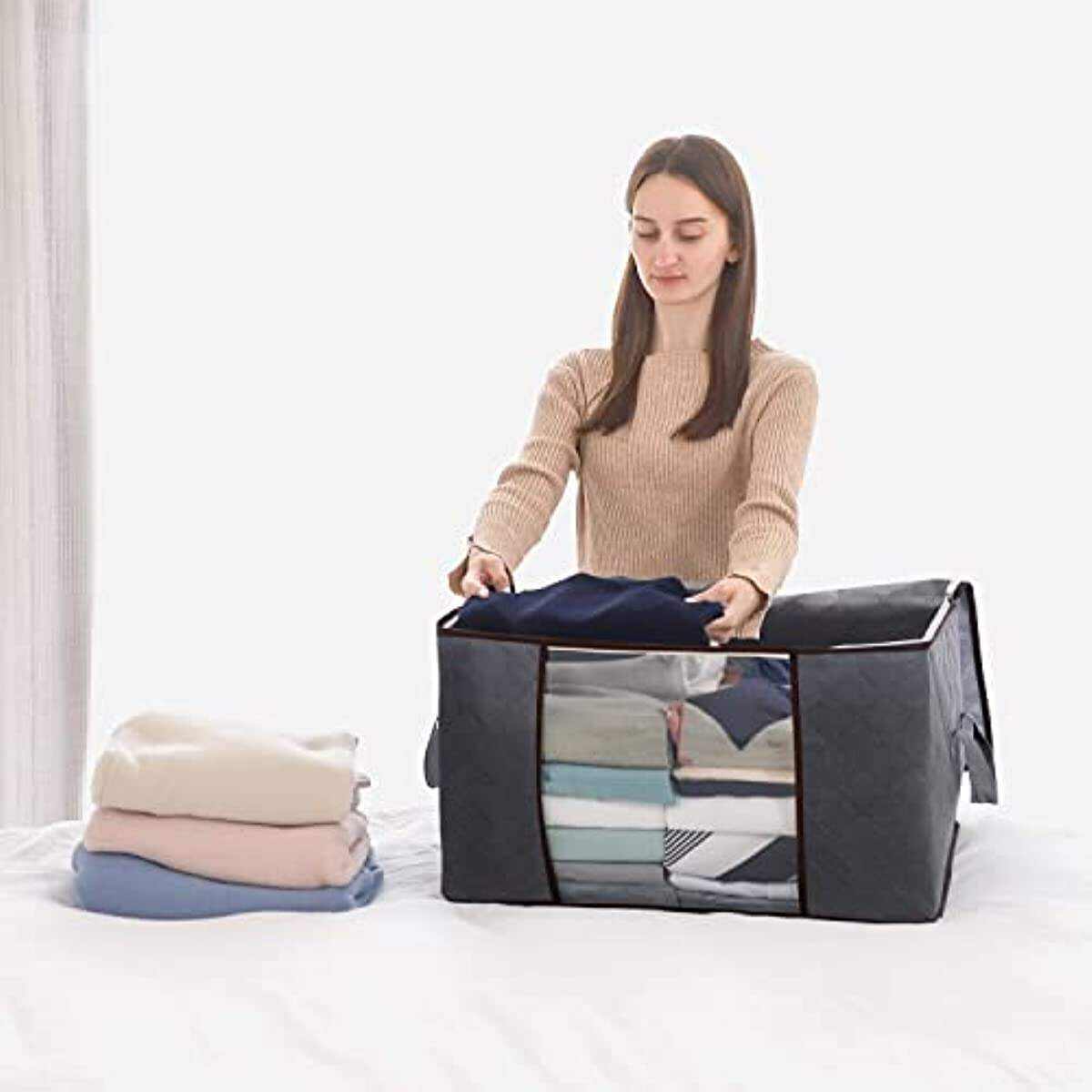 90L Large Storage Bags, 3 Pack Closet Organizers And Storage, Clothes Foldable Storage Bins With Reinforced Handles, Storage Containers For Clothing, Blanket, Comforters, Toys, Bedding, Grey