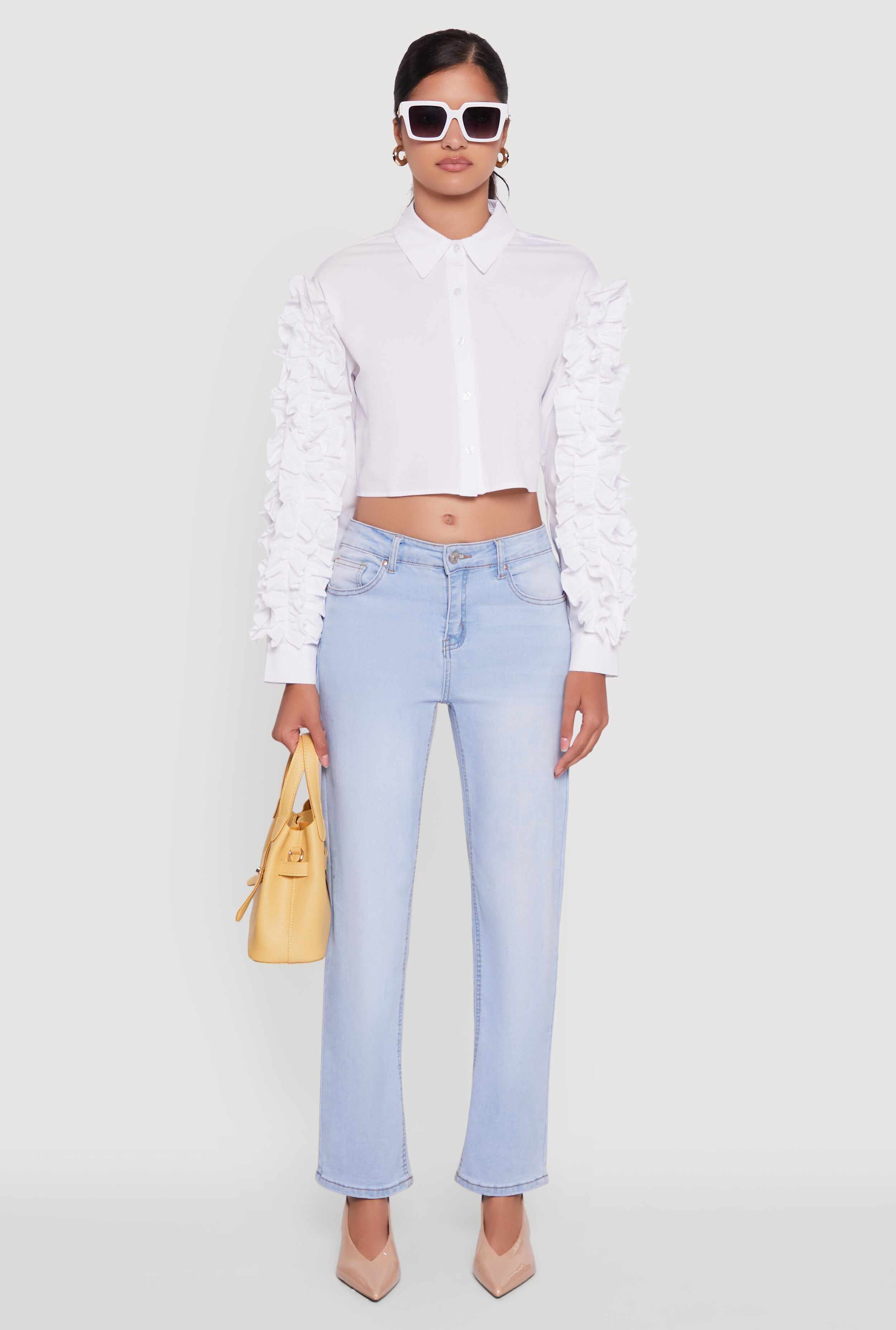 Ruffle Trim Sleeve Cropped Button Front Shirt