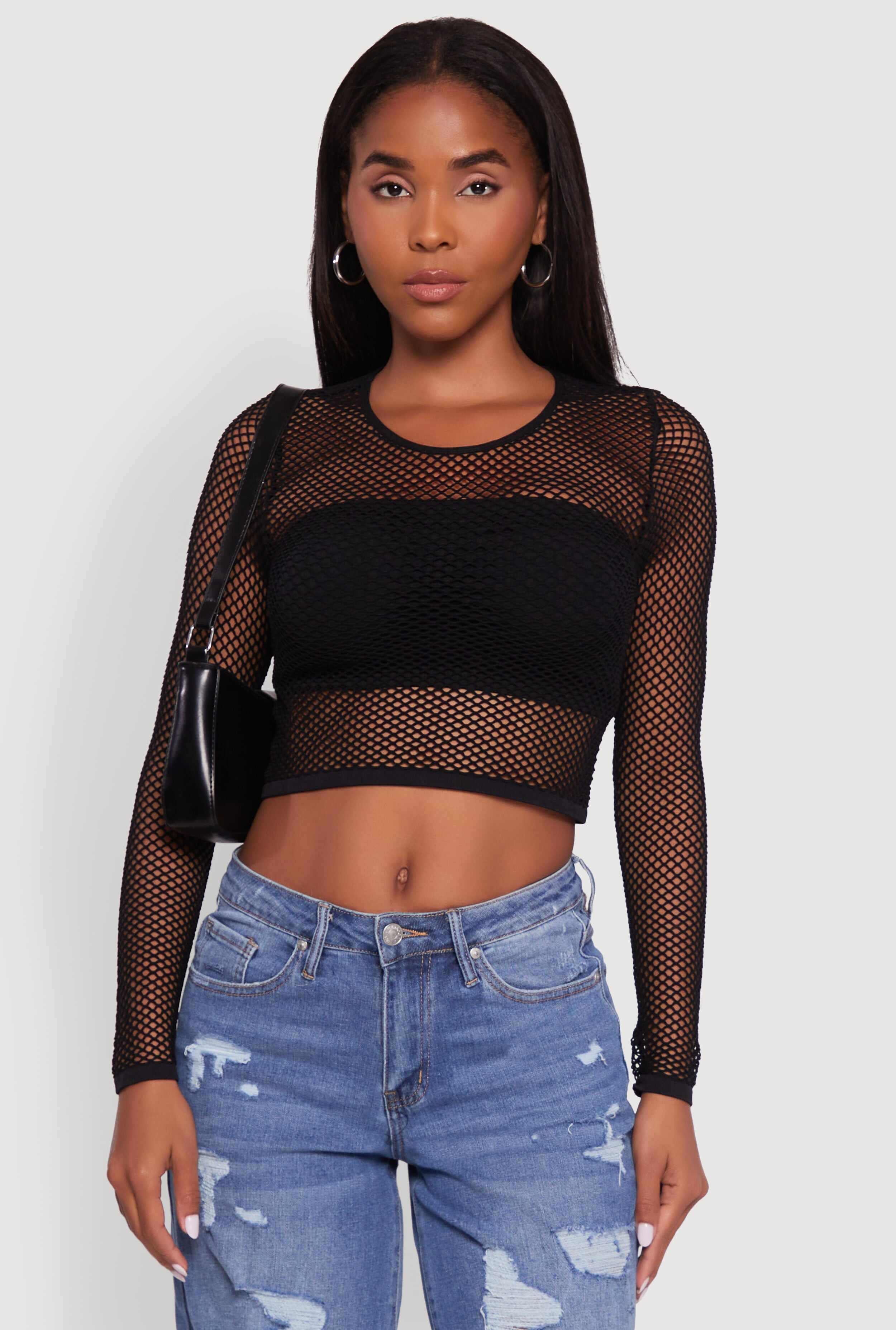 Fishnet Long Sleeve Solid Crop Top