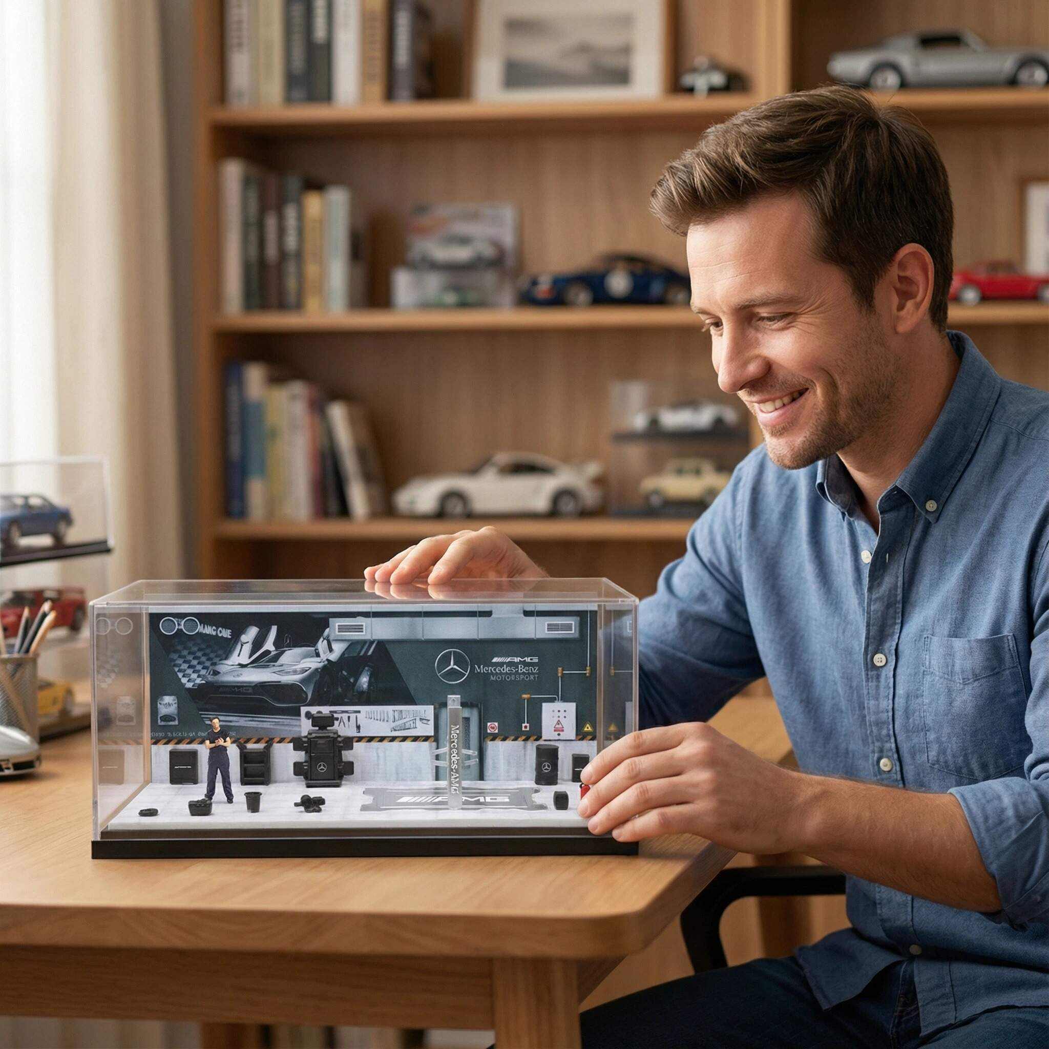 1:64 Scale Motorsport Workshop Diorama Display Case – Racing Garage Scene for Diecast Cars