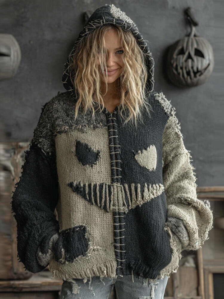 Halloween Pumpkin Face Patchwork Knitted Hooded Sweater