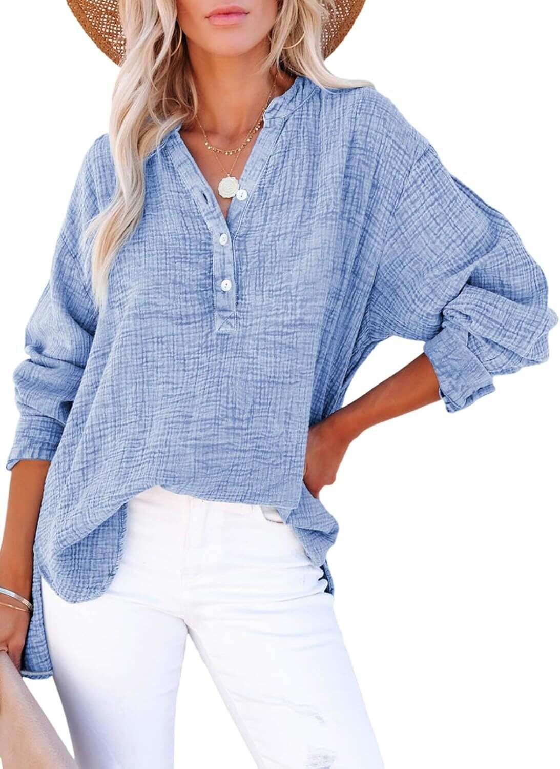 🔥10-Pack Womens Casual Gauze Button Neck Long Sleeve Oversized BlousesTops