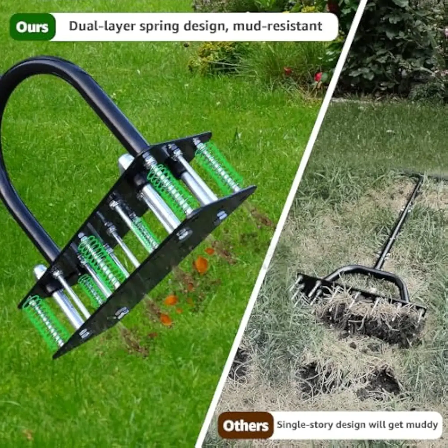 【FathersDayGift】 Lawn Aerator - Aerator Lawn Tool, Automatic Dirt and Leaf Clean Design, Heavy Duty Manual Lawn Aerator Tool with 15 Iron Spikes, Height Adjustable, Yard Grass Aerator for Lawn (Black)