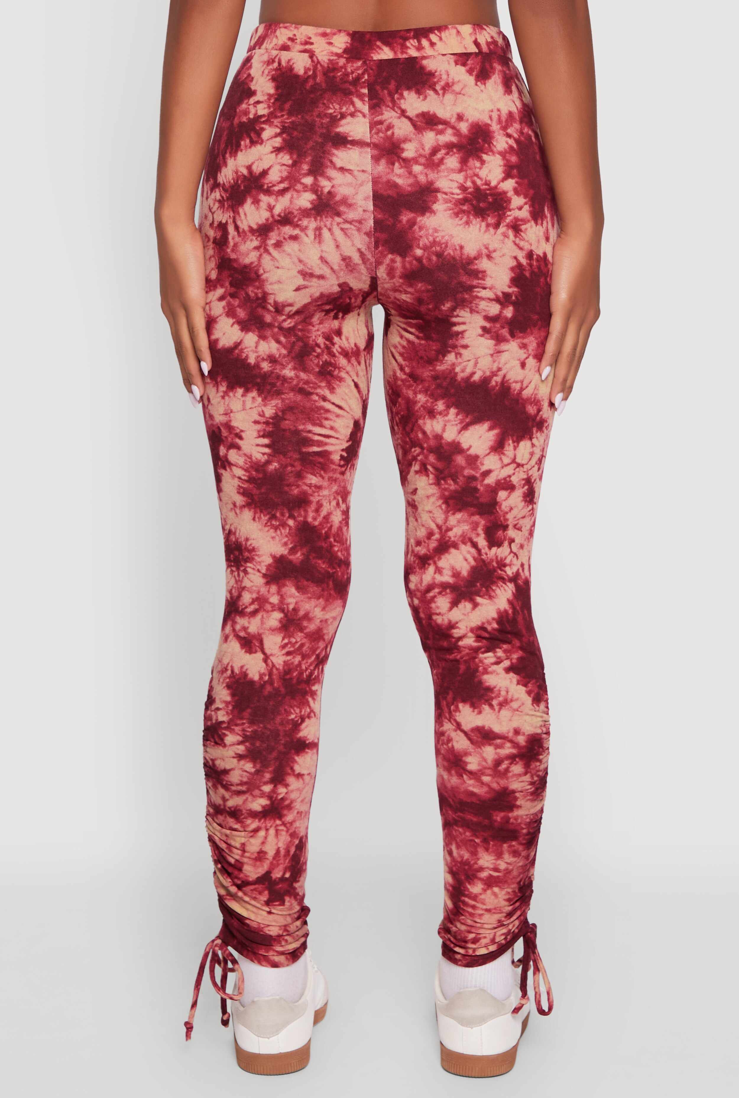 High Waisted Tie Dye Fleece Leggings with Drawstring Hem