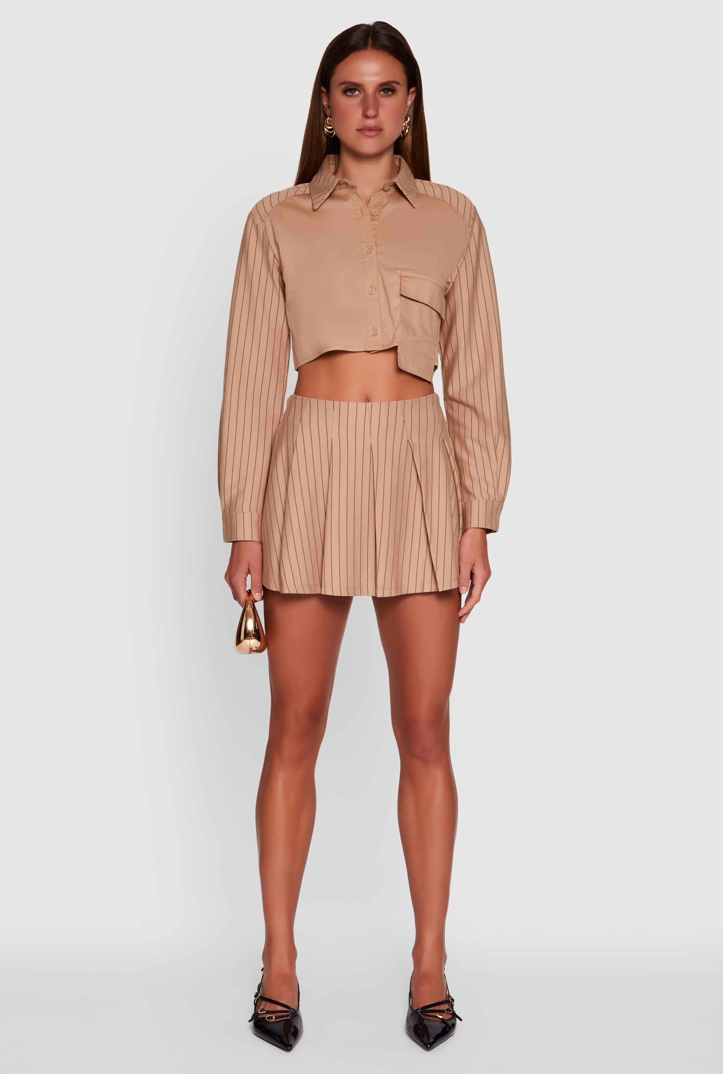 Trendy High Waisted Pinstripe Pleated Mini Skirt