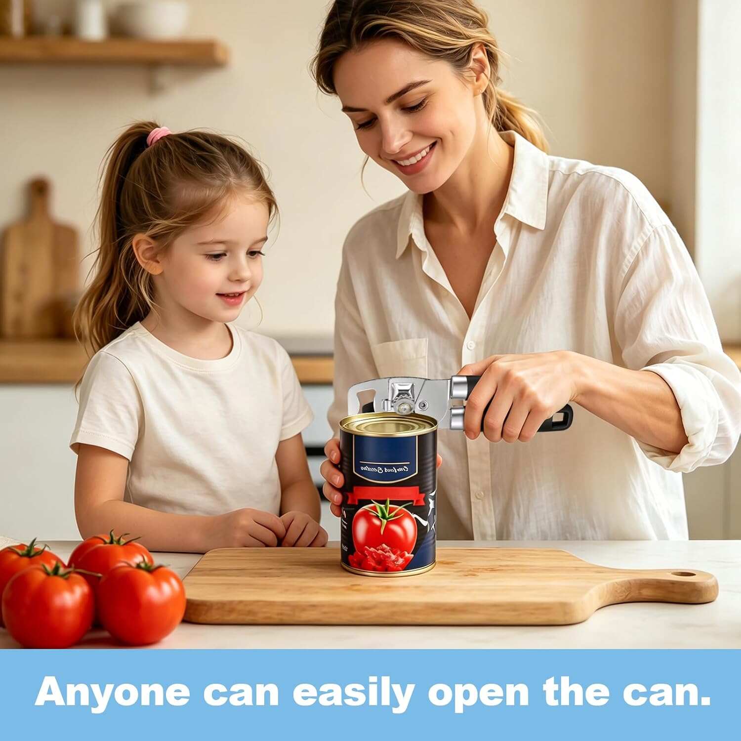 Can Opener Manual, Heavy Duty Stainless Steel Can Opener and Bottle Opener with Magnet, Multifunctional Kitchen Tool, Sharp Cutting Wheel, Soft Ergonomic Handle, Oversized Turn Knob, Black