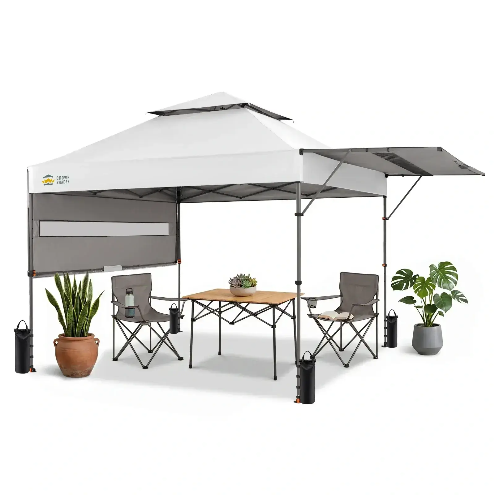 10x10 Pop Up Canopy Tent with Patented Center Lock, Instant Commercial Canopy with Extendable Awning, 150D Silver Coated Fabric, 4 Weight Bags, Ropes, Stakes & STO ’N Go Wheeled Bag
