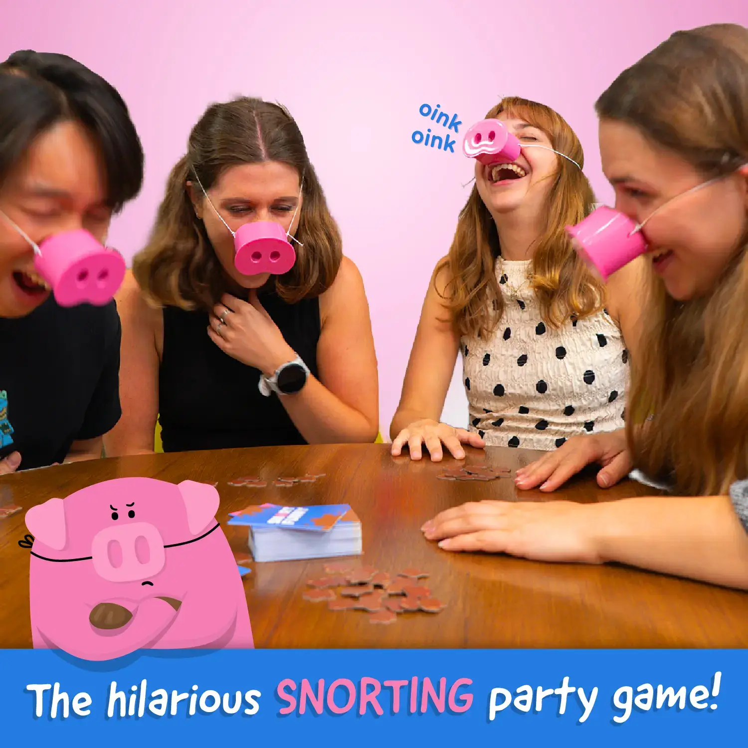 Snort Funny – The Oinkcredible You Laugh You Lose Party Game | Family Games for Kids and Adults | 150 Challenge Cards, 5 Pig Snouts & Mud Tokens | Funny Games for Friend & Family, 4-8 Players, Ages 8+
