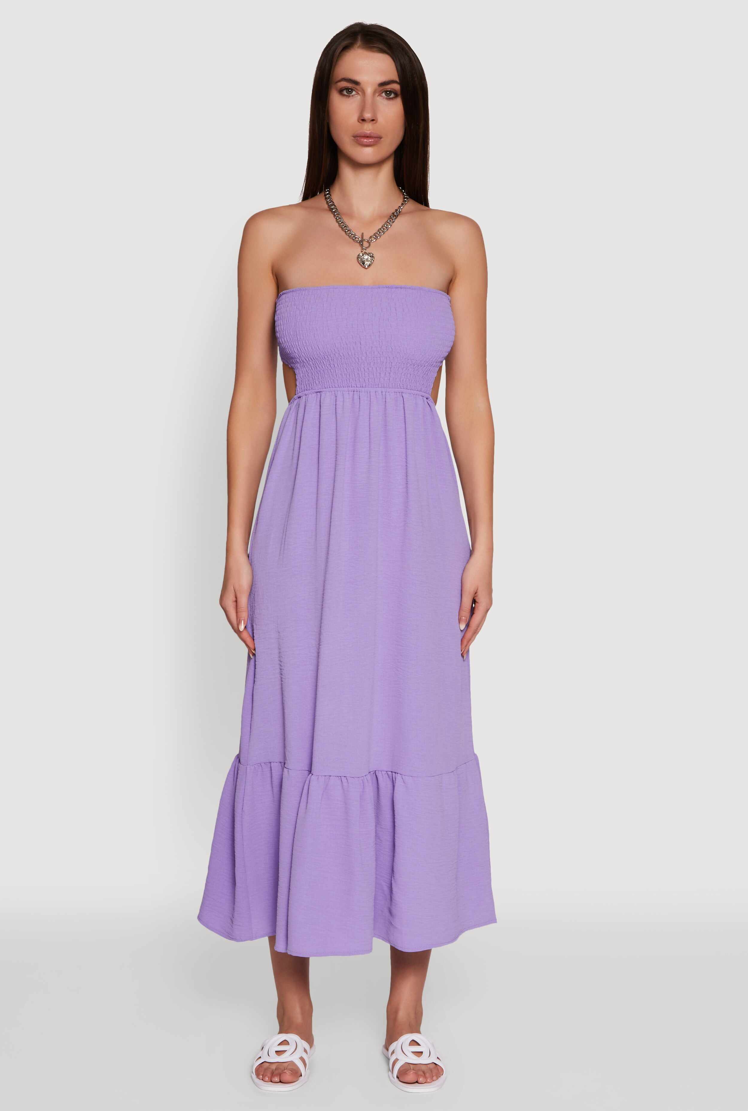 Trendy Smocked Strapless Keyhole Detail Tiered Dress