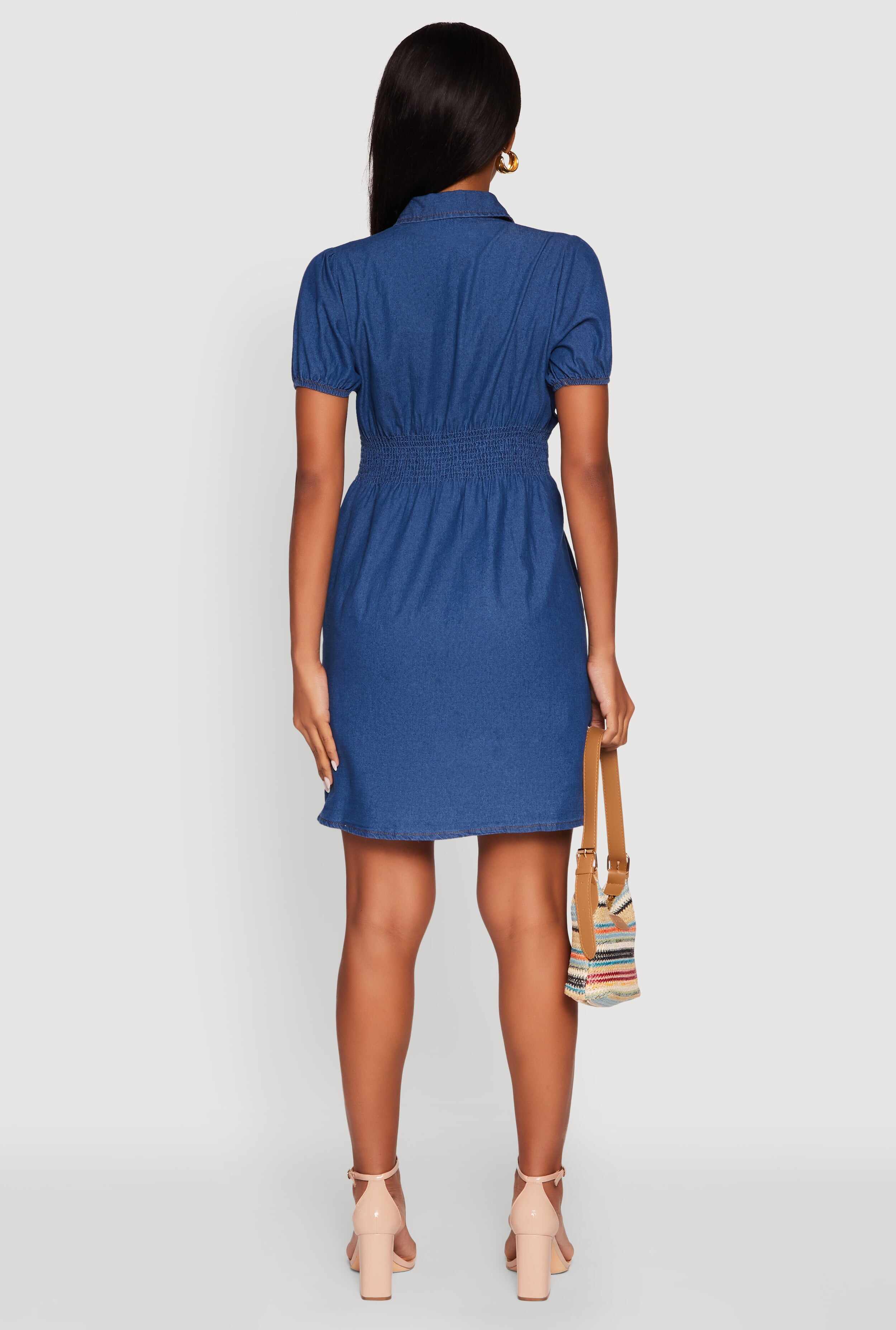 Chambray Short Puff Sleeve Shirt Dress