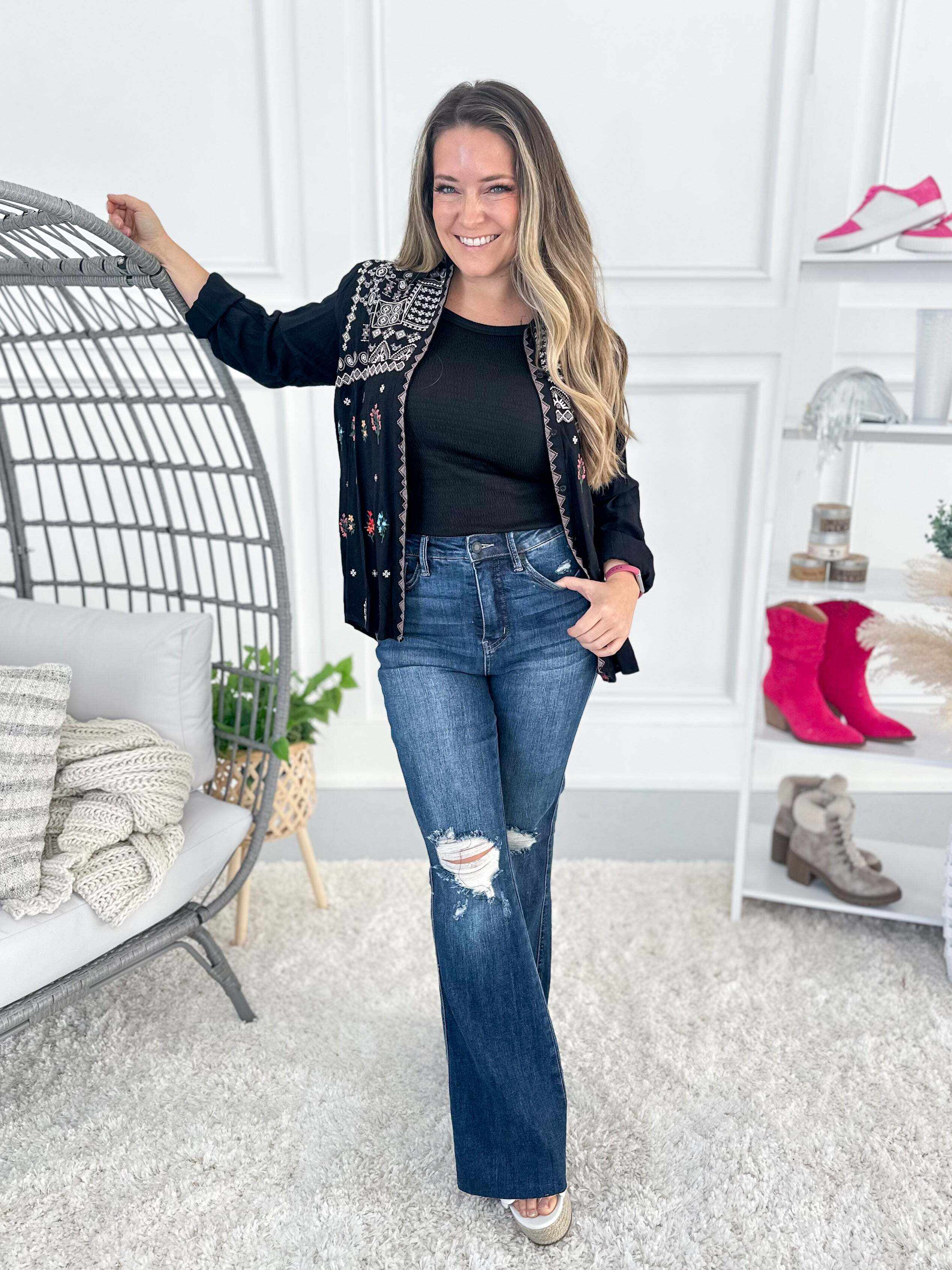 Full Of Flare - Christmas Tummy Control Knee Destroy Raw Hem Flare Jeans- Final Sale