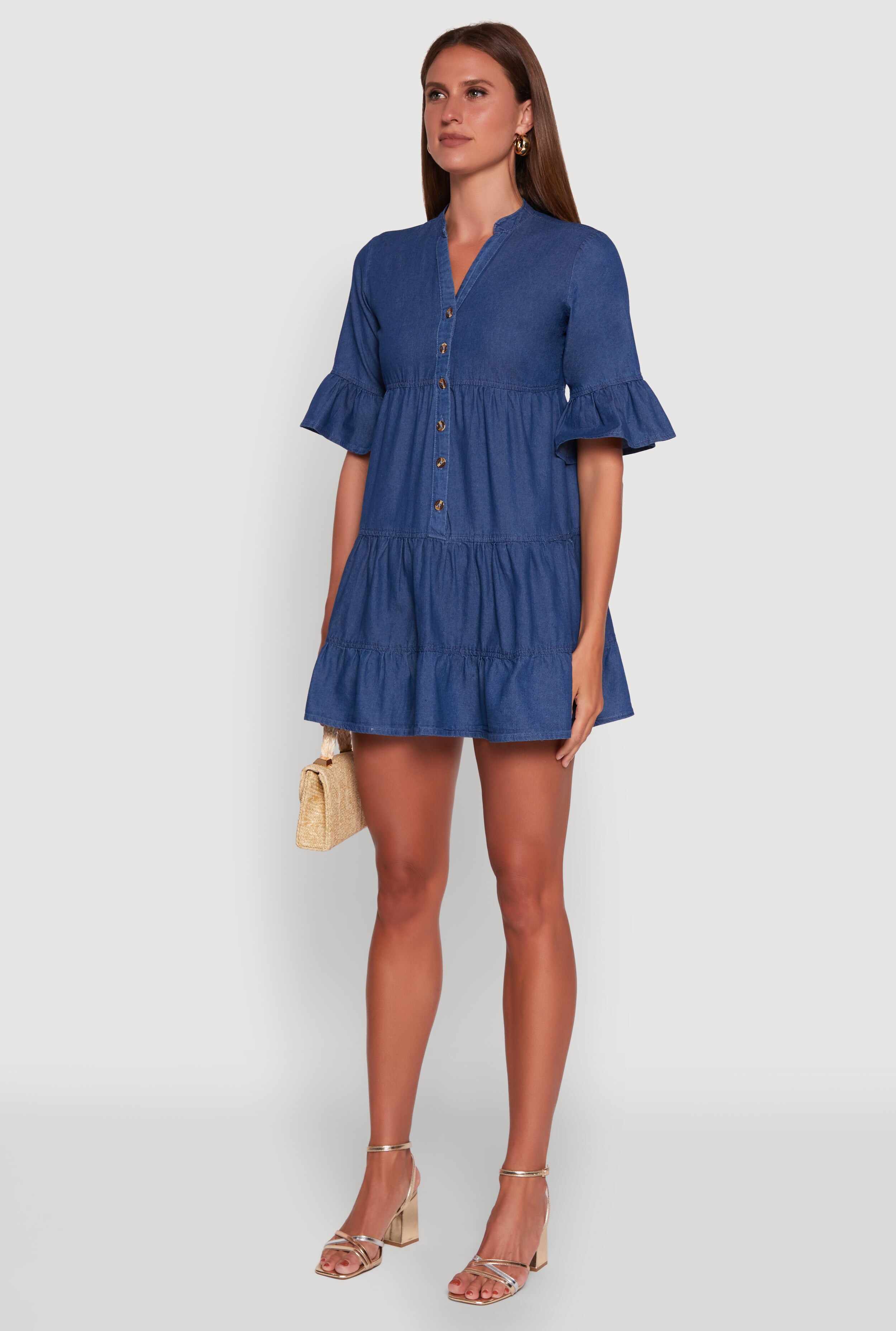 Trendy Denim Button Front Tiered Mini Dress