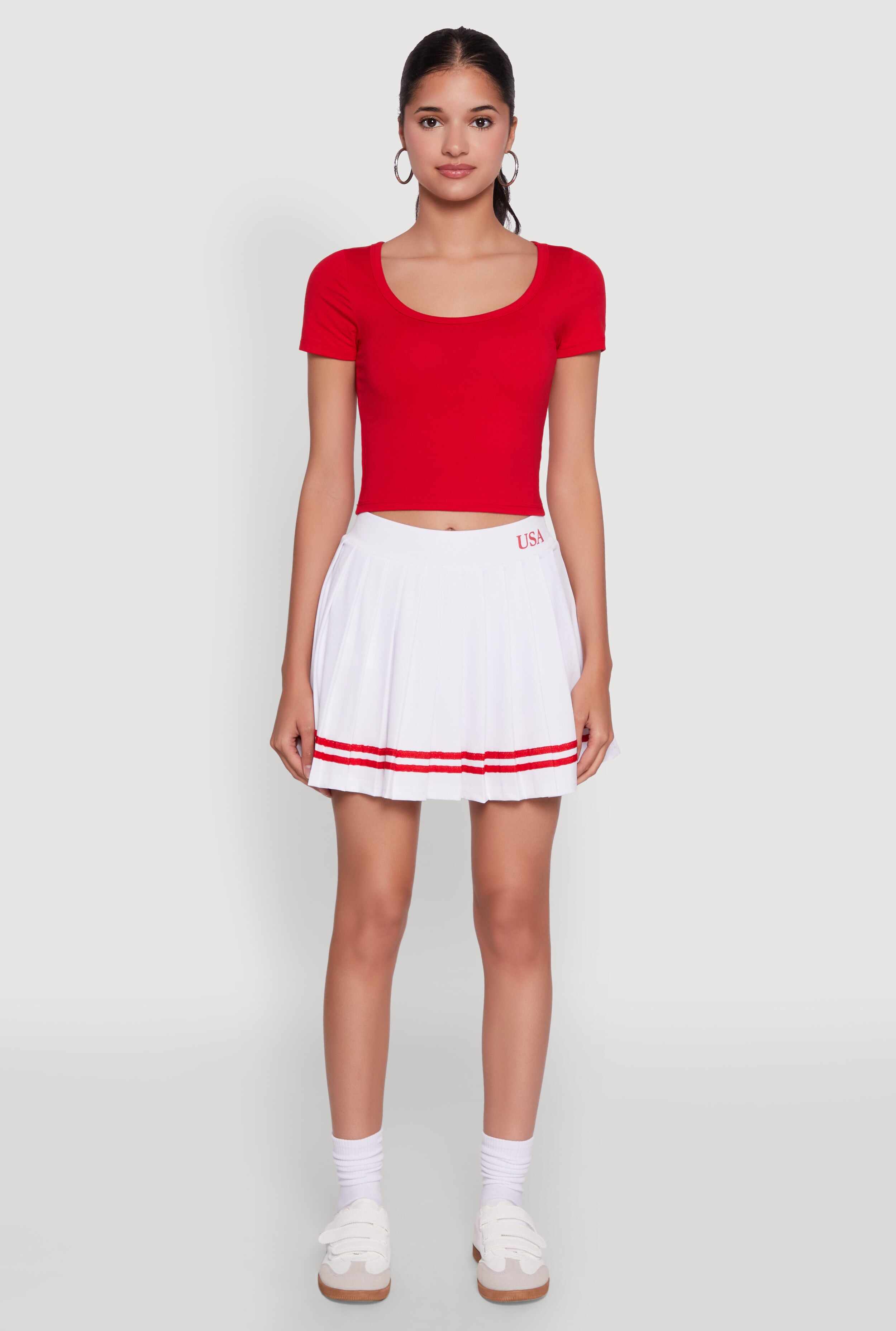 Varsity Stripe Graphic High Waisted Pleated Skirt