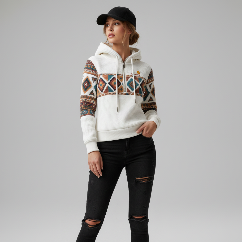 Women's Retro Loose Comfort Ethnic Print Color Block Waffle Patchwork Half Zipper Stand Collar Hooded Sweatshirt