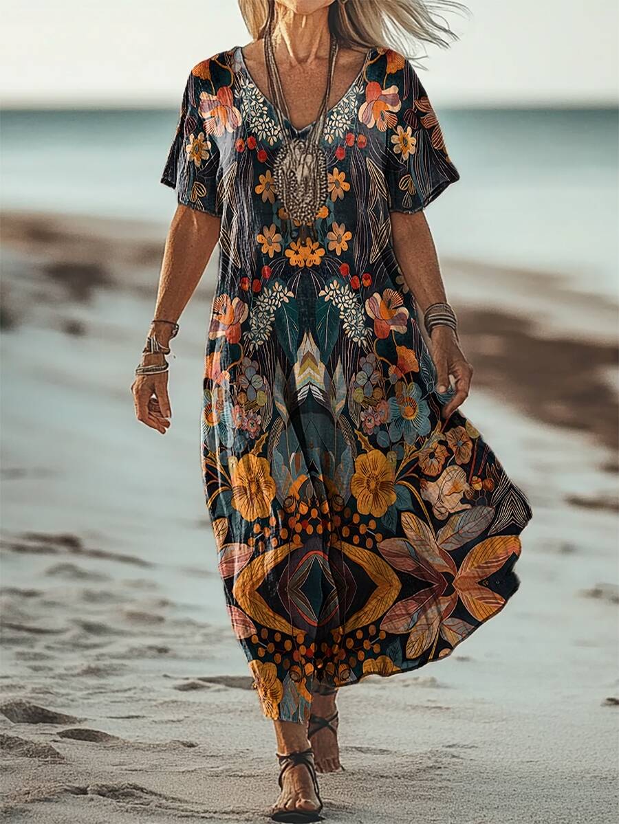 Women's Floral Art Patterns Art Print Short Sleeve Pocket Cotton Linen Dress