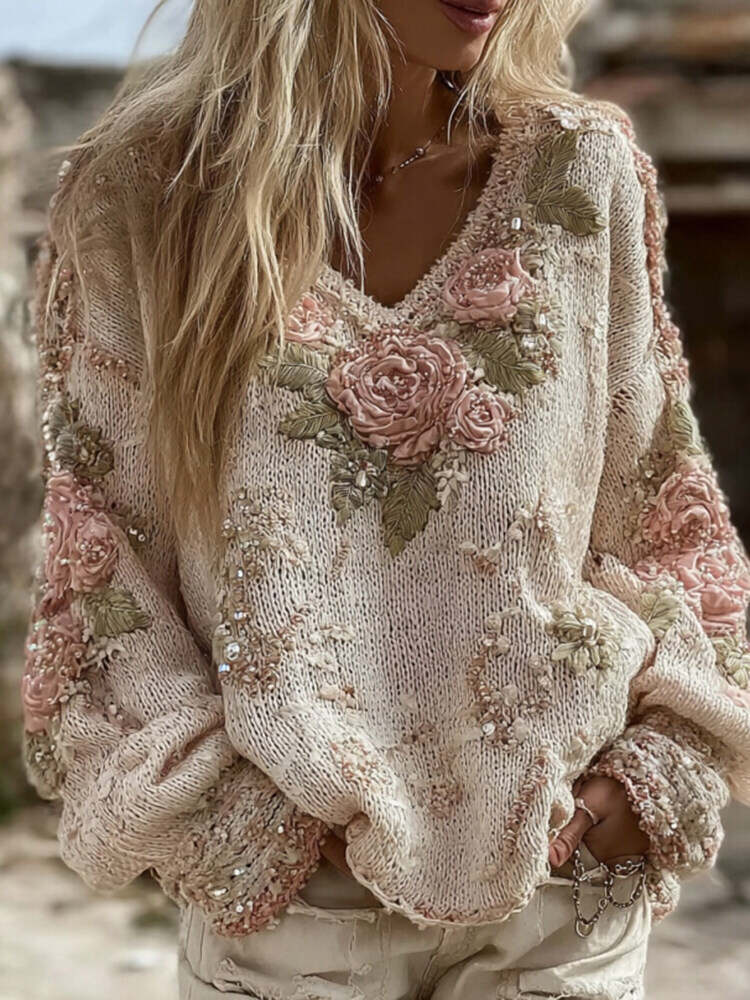 Women's Pink Rose Art V-neck Cozy Pullover Sweater