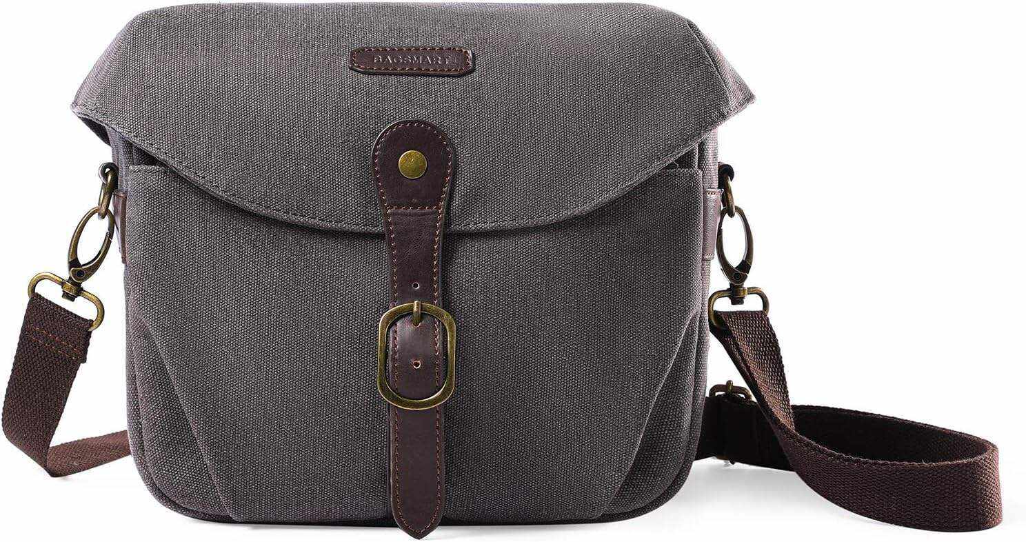 BAGSMART Camera Bag, SLR DSLR Canvas Camera Case, Vintage Padded Camera Shoulder Bag with Rain Cover for Women, Men, Black