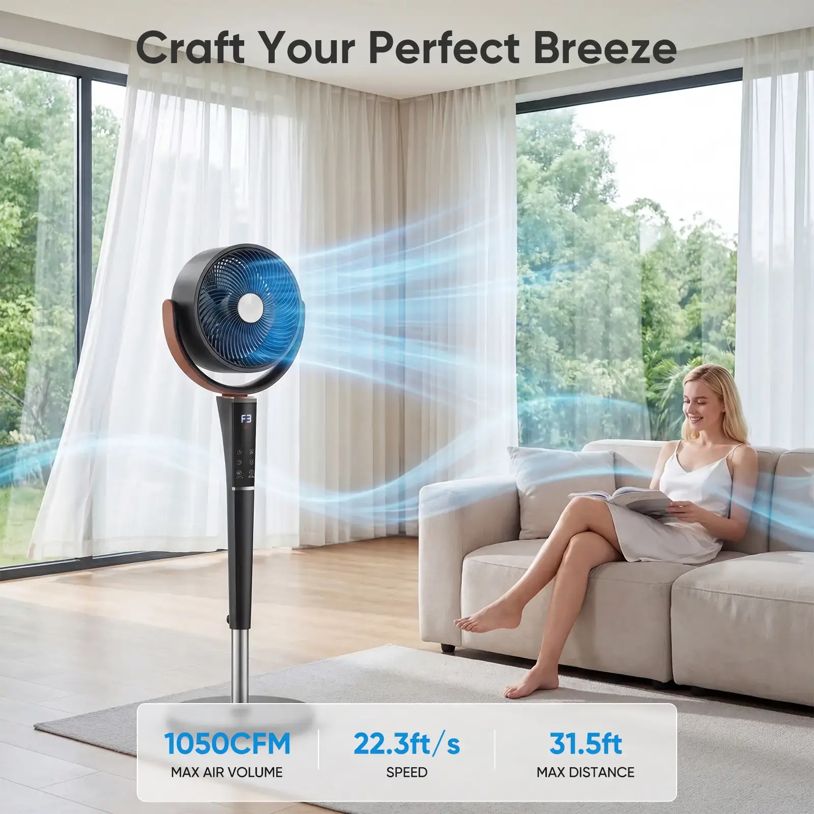 Standing Pedestal Fan Quiet 20dB DC Air Circulator 15 Speeds 5 Modes 120° Oscillation 12H Timer Adjustable Height with Remote & LED Light
