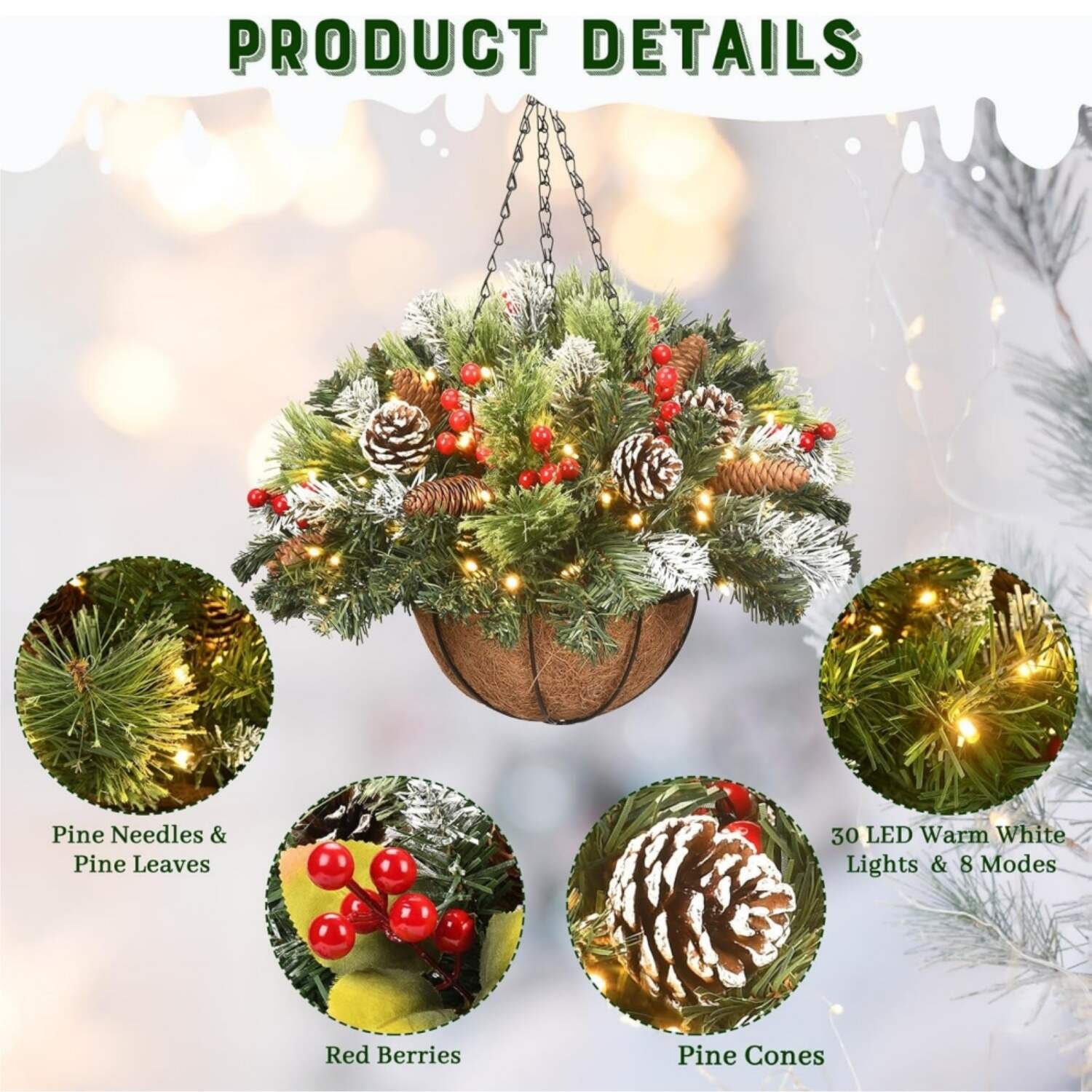 🎅HOT SALE 60% OFF⛄ - Lit 'Feel Real' Artificial Christmas Hanging Basket