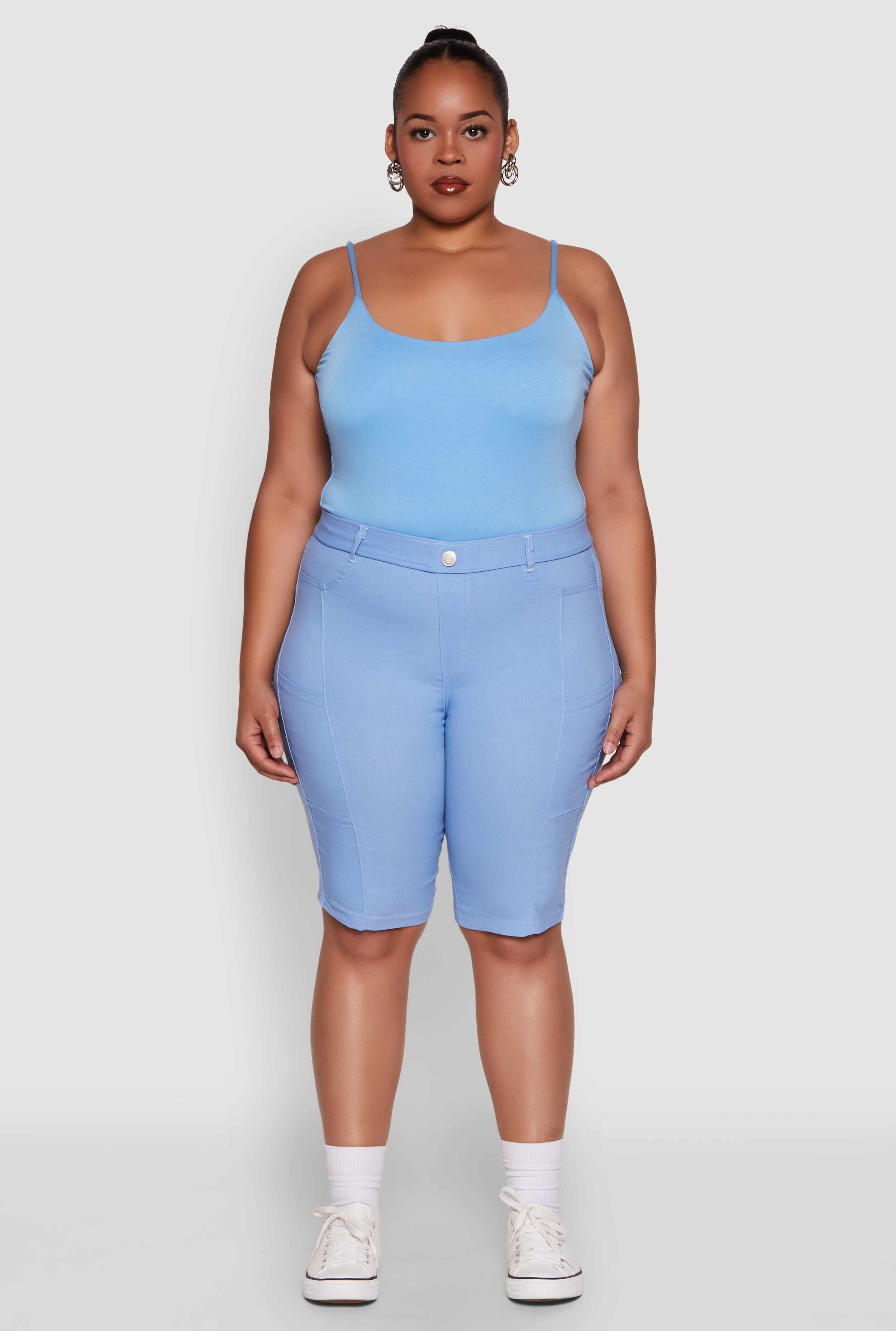 Plus Size Stylish Snatched High Waist Bermuda Shorts with Faux Buttons