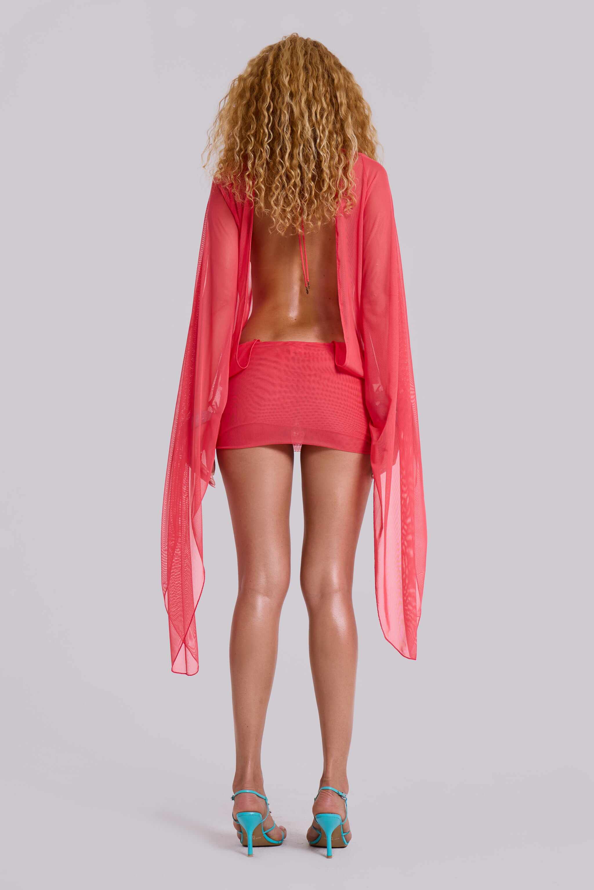Aria Mesh Plunge Mini Dress in Watermelon