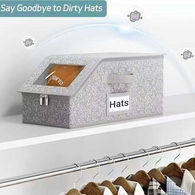 Hat Storage Box with Clear Lid, Foldable Cap Organizer for Baseball Caps