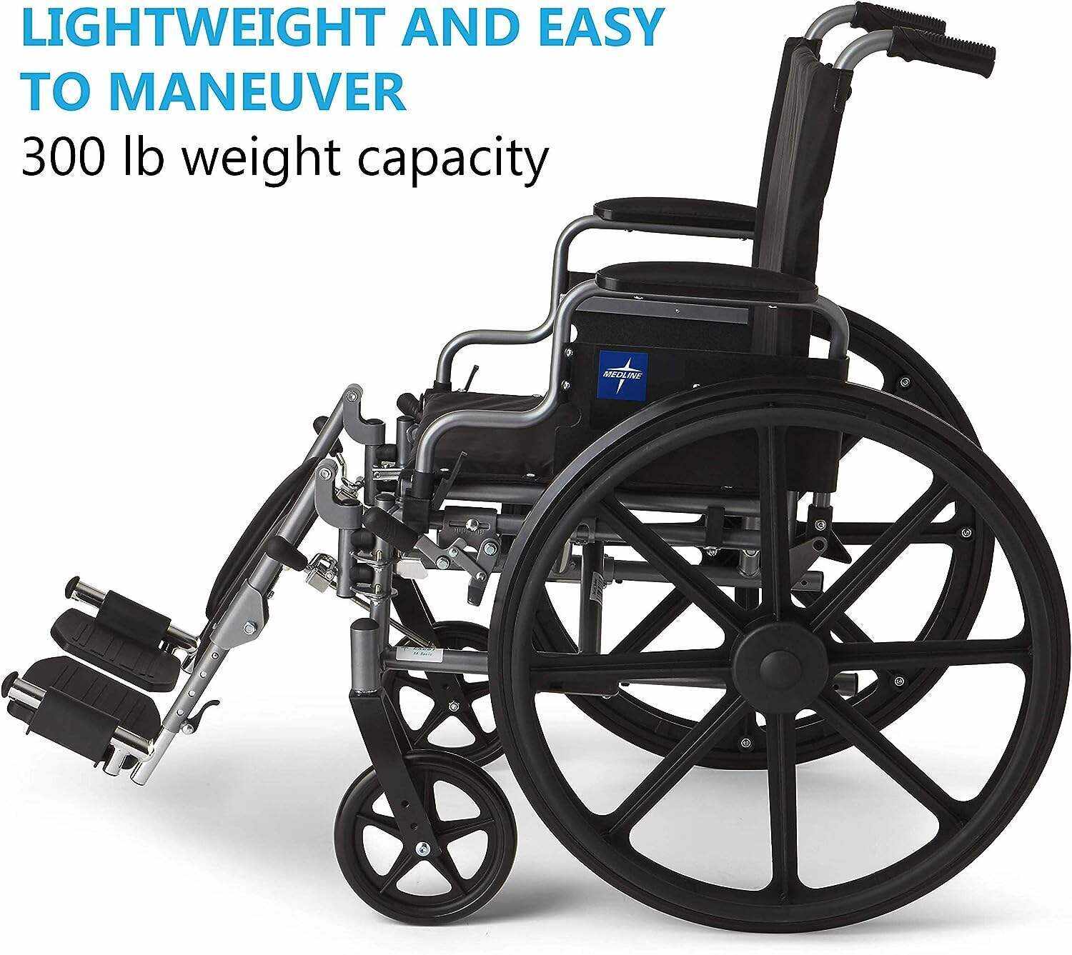 Medline Lightweight & User-Friendly Wheelchair With Flip-Back, Desk-Length Arms & Elevating Leg Rests for Extra Comfort, Black, 18 inch Seat