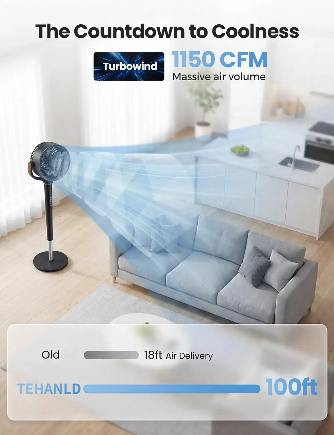 TEHANLD Fan for Bedroom, 120° Oscillating Standing Fans, Quiet Floor Fan with DC Motor, 100ft Pedestal Fans for Room, 16 Speeds, 4 modes, 20dB, 37-45
