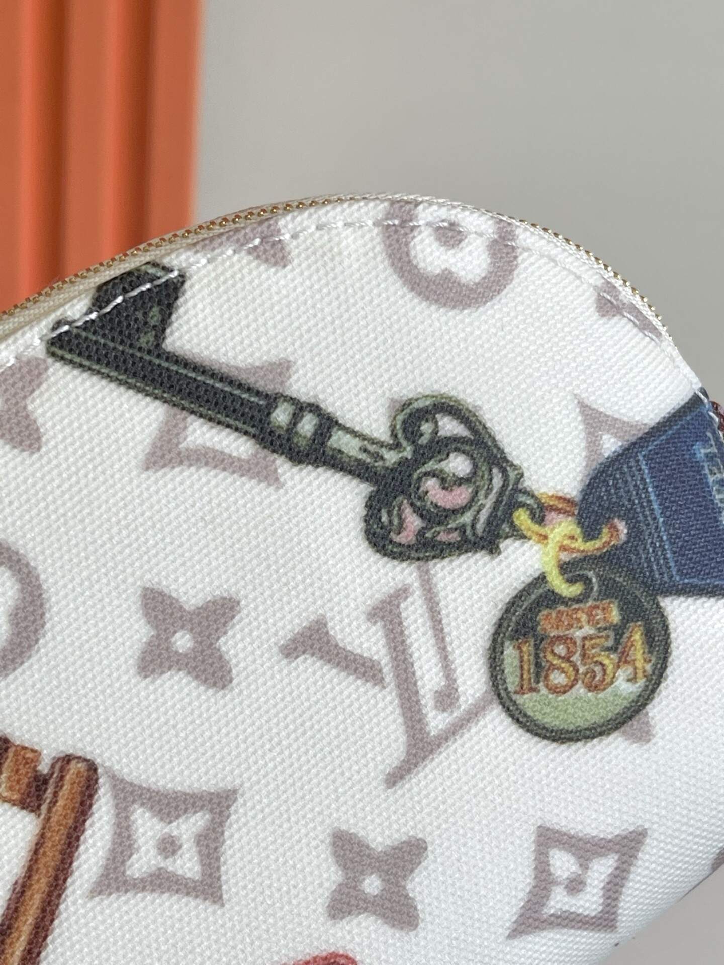 Small Cosmetic Pouch – Monogram-Inspired Coated Canvas with Vintage Hotel Key Motif & Washable Lining