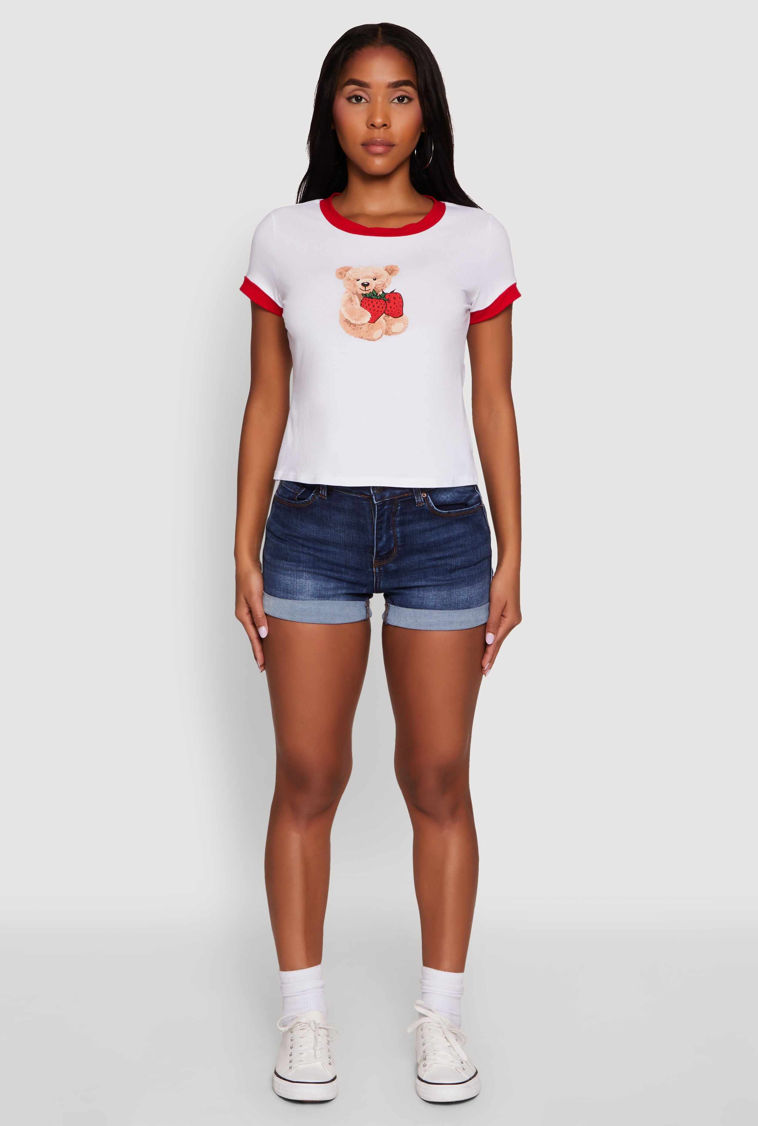 Trendy Graphic Strawberry Teddy Ringer T-Shirt