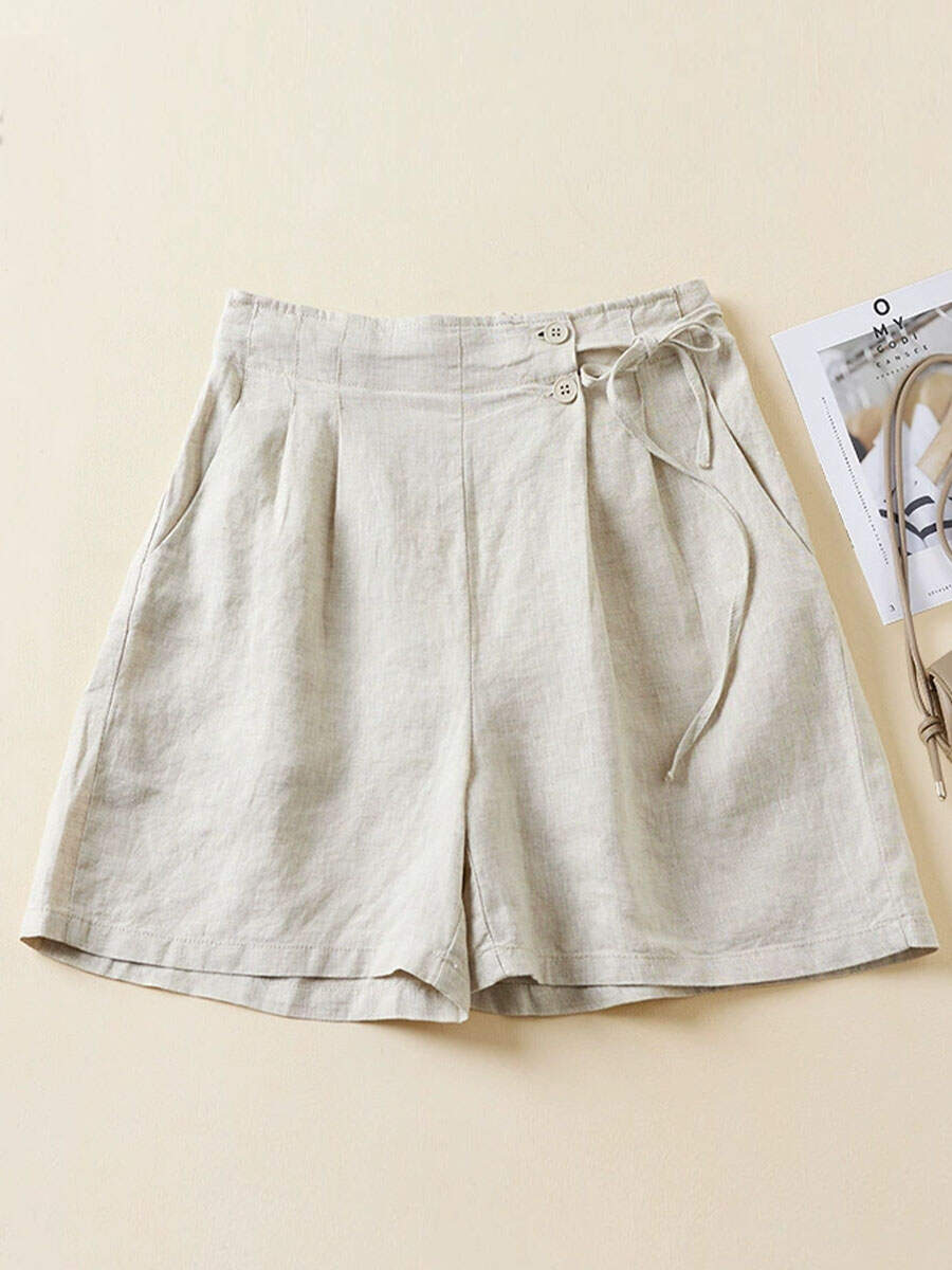 🔥Summer Arrivals🌟Women's Semi-elastic High Waist Solid Color Casual Cotton and Linen Wide Leg Shorts