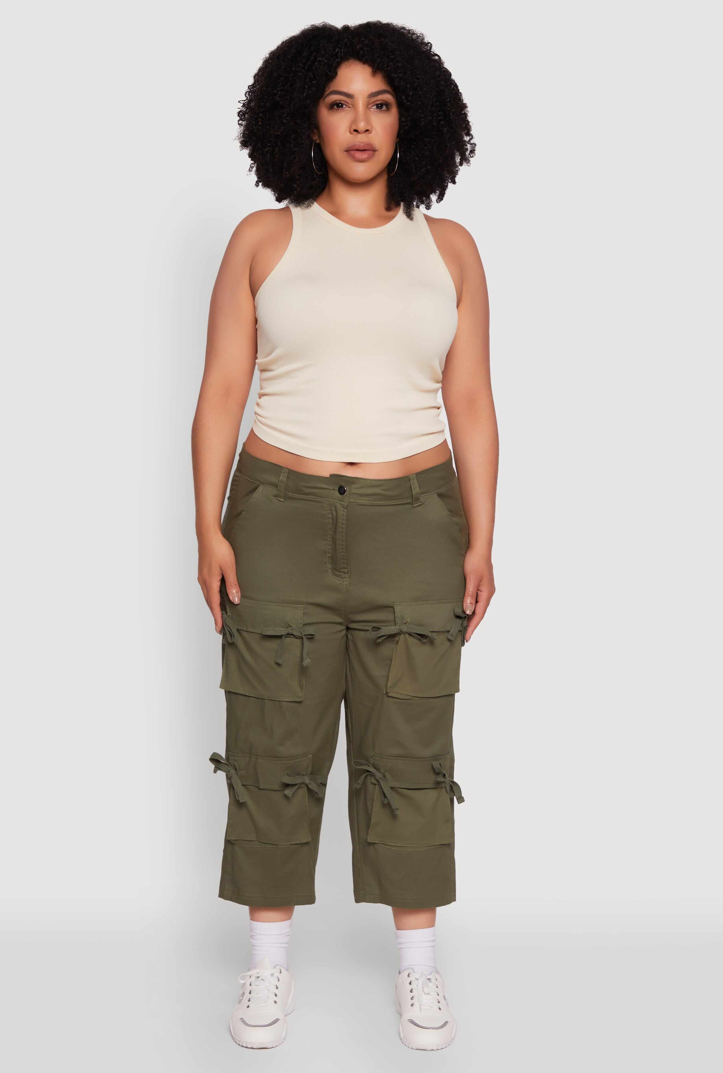 Plus Size Poplin Bow Cargo Capri Pants