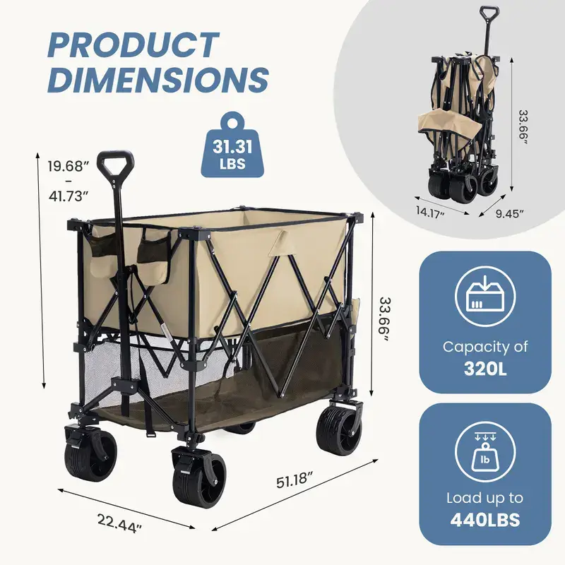 Large Capacity Folding Double Decker Wagon with Brakes, 440 lbs Wagons Carts Foldable Wagon Cart with Flexible Handle, All-Terrain Big Wheels for Grocery Sports Garden Camping