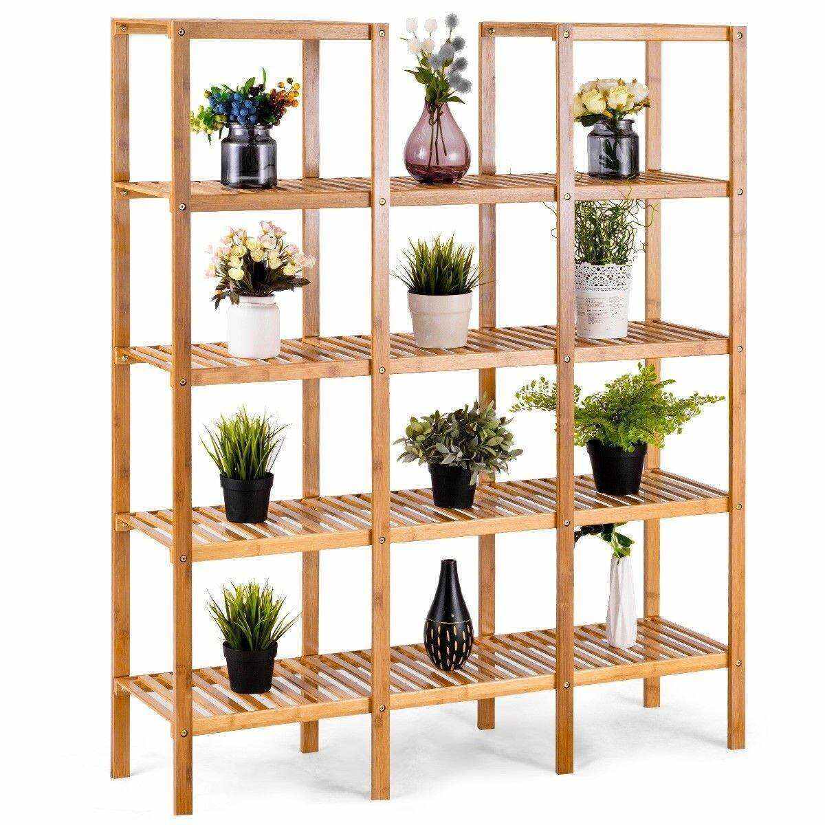 5 Tier Multifunctional Bamboo Shelf Rock Plant Display Stand (12 Pots)
