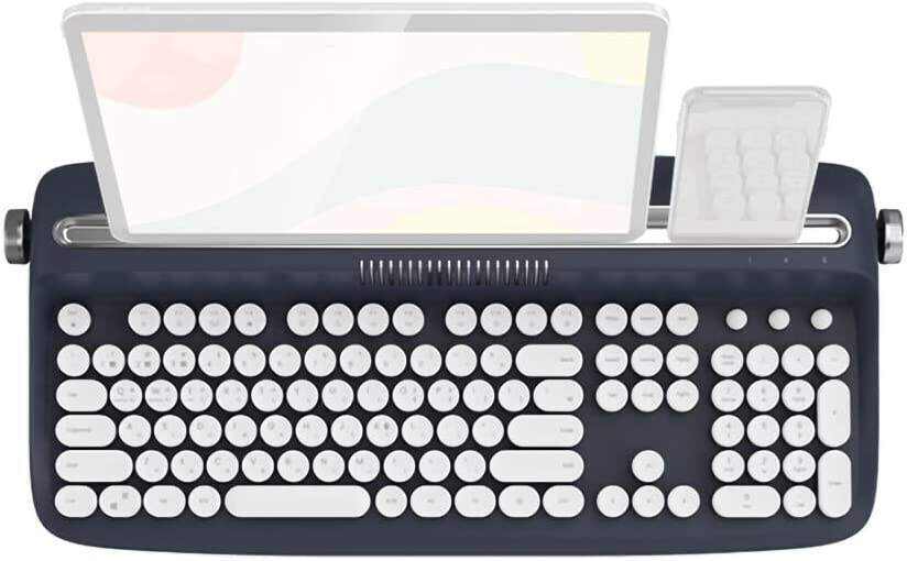 Typewriter Keyboard Wireless Bluetooth 5.0 Retro Aesthetic Cute Kawaii Round Keycaps 106-Key with Num Pad Clicky Mechanical Feeling with Pad/Phone Holder for Windows/Mac OS/Android/iOS (Mint)