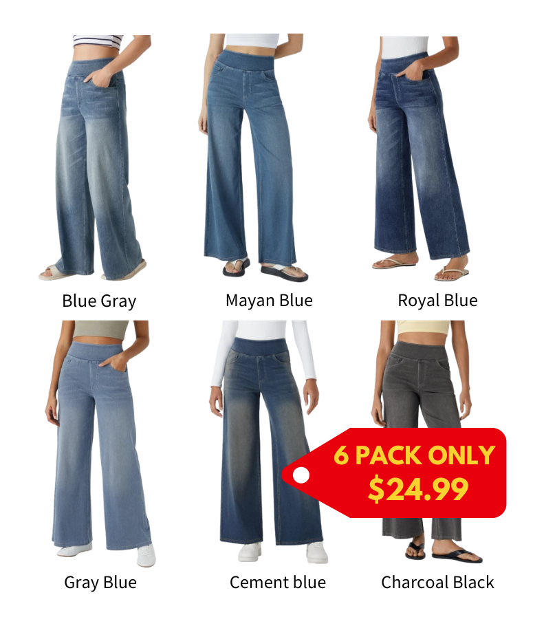 💝Last day promotion⚡High Waisted Multiple Pockets Baggy Wide Leg Washed Stretchy Knit Casual Jeans