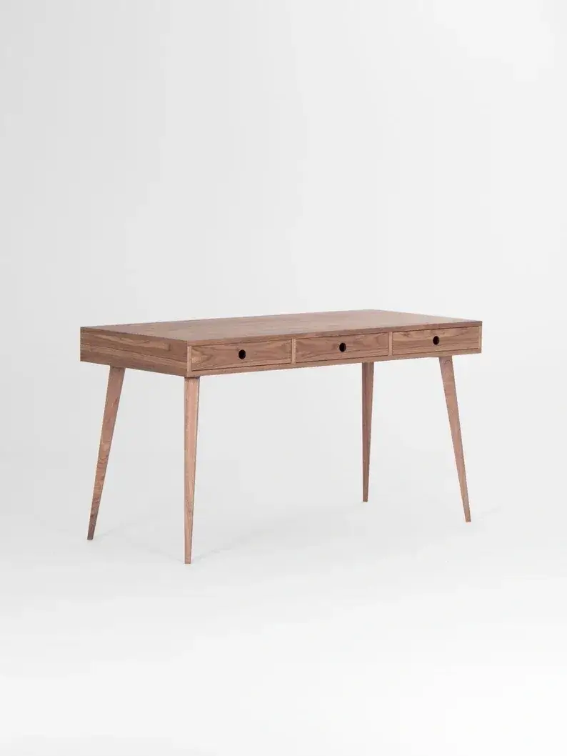 Wooden desk, mid century modern, walnut desk with three drawers;Send 1 stool(pictured)