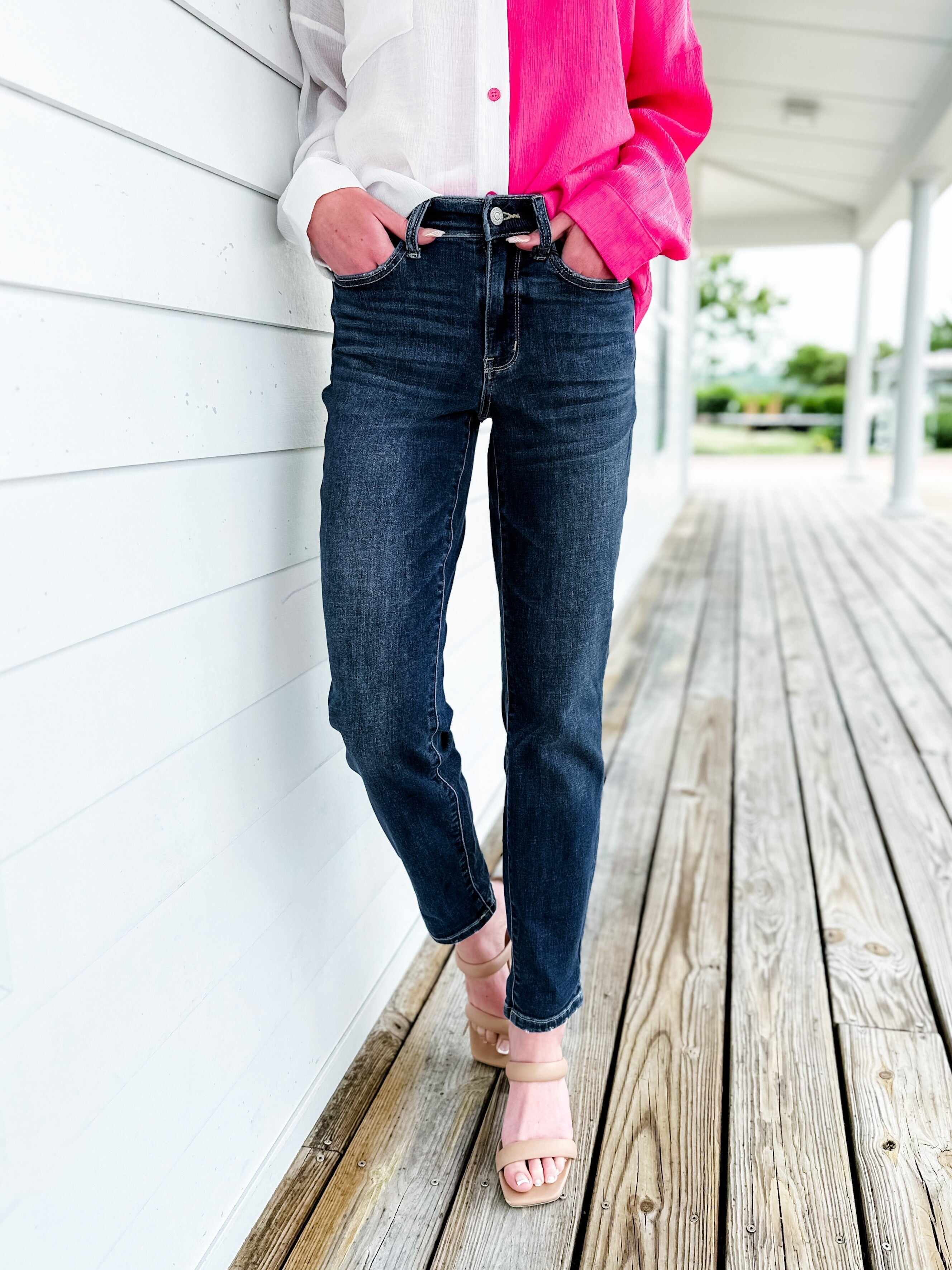 🔥Hot Sales🔥My Favorite Boyfriend Mid Rise Dark Wash Non Distressed Cuffed Boyfriend Jeans
