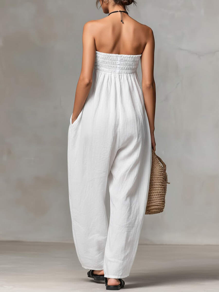 🔥Summer Arrivals🌟Women's Solid Color Strapless Casual Loose Cotton And Linen Jumpsuit