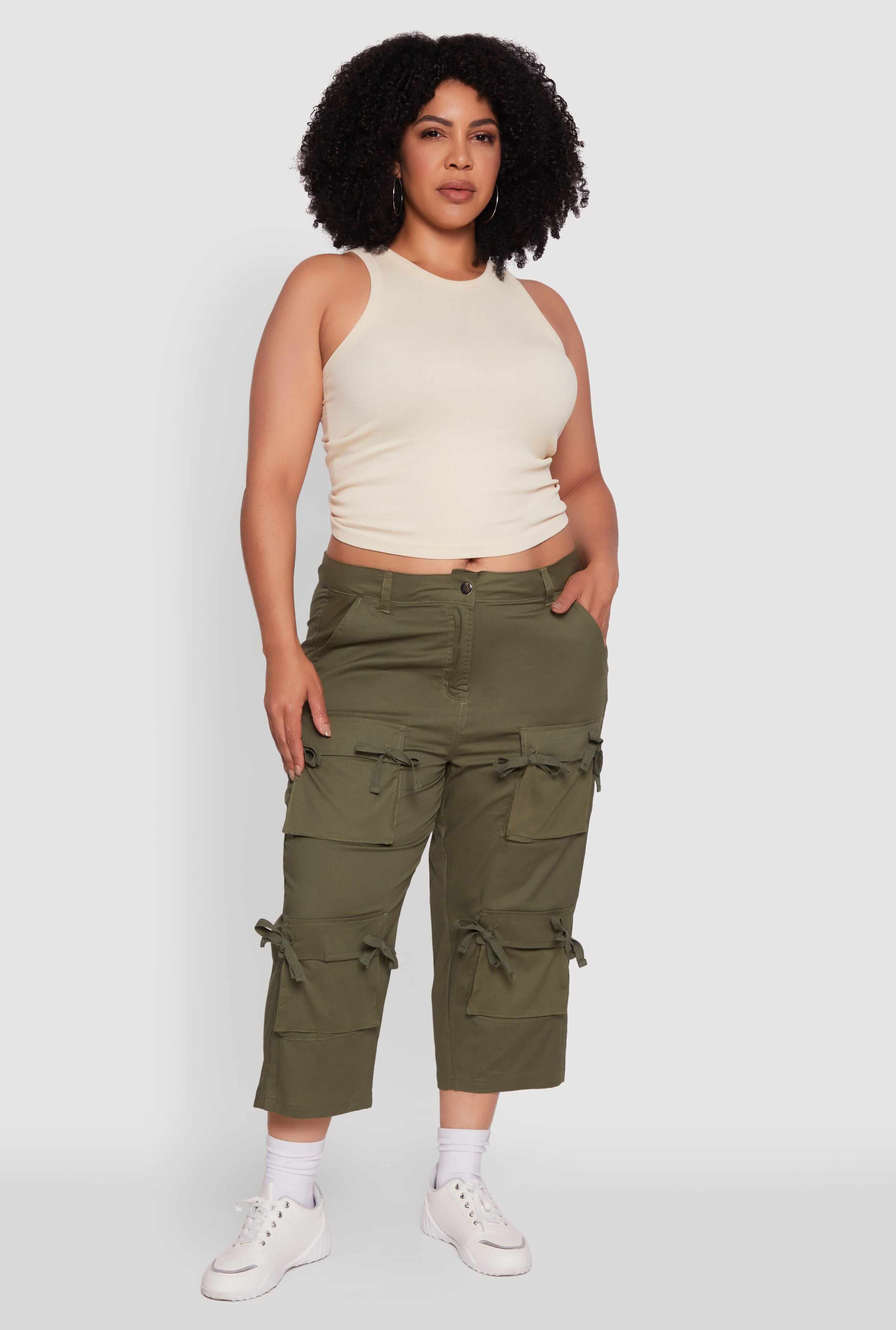 Plus Size Poplin Bow Cargo Capri Pants