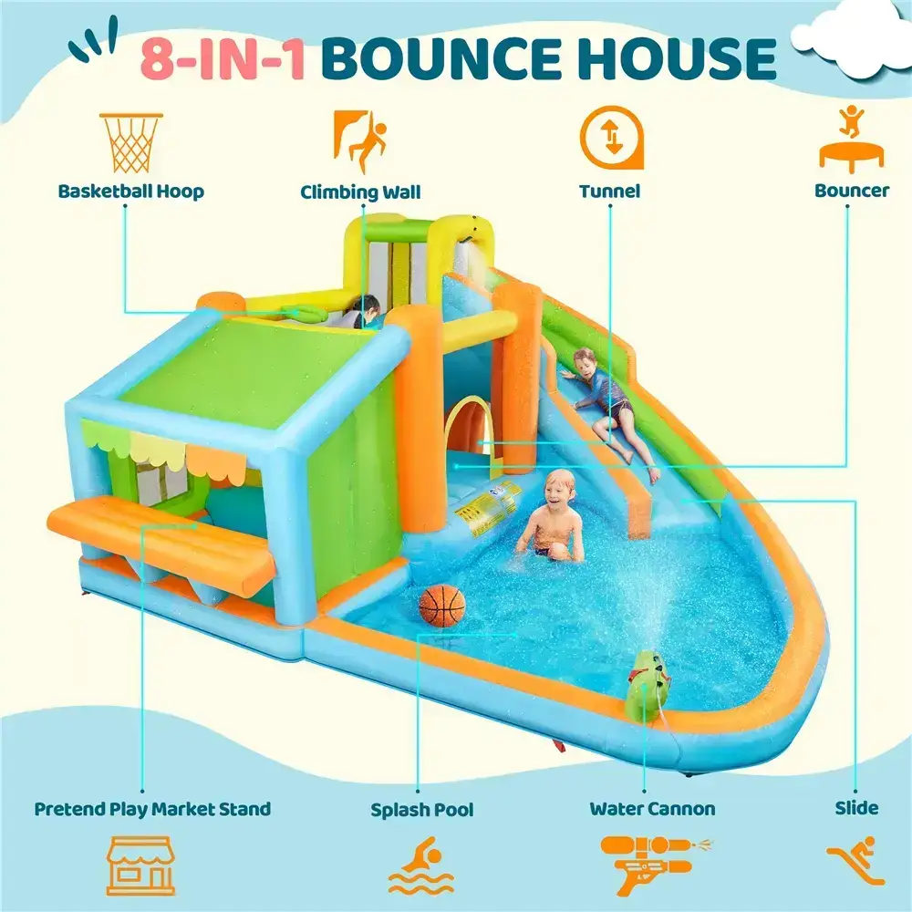 8-in-1 Inflatable Bounce House with Splash Pool, Slide, Climbing Wall, and Market Stand for Kids Ages 3-10, 520W Blower, Portable & Multifunctional Playground Set