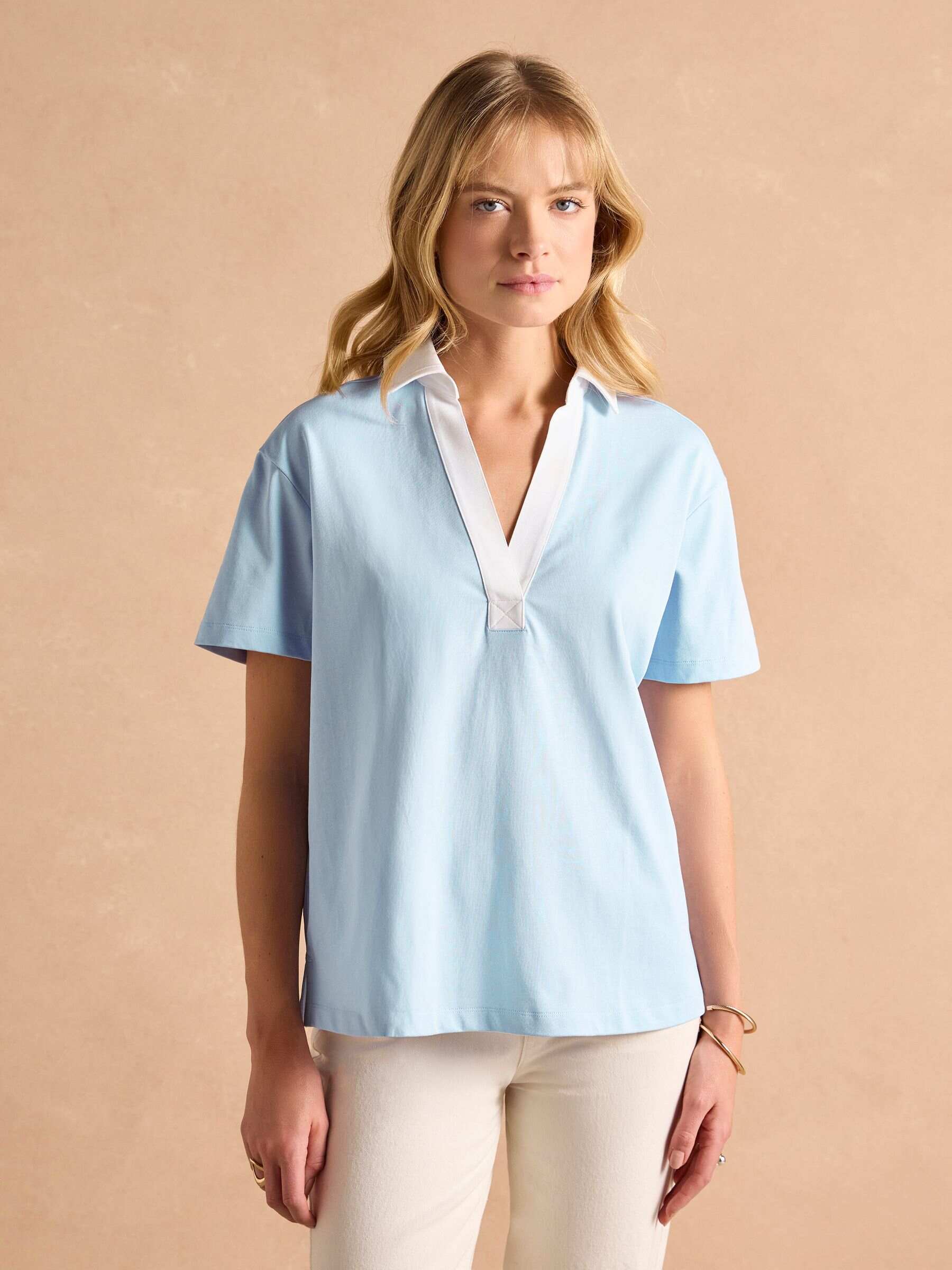 Tallie Blue Short Sleeve Combed 100% Cotton Collared Top